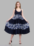 Viscose navy blue sleeveless tiered dress with floral print tiers