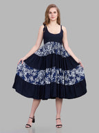 Viscose navy blue sleeveless tiered dress with floral print tiers