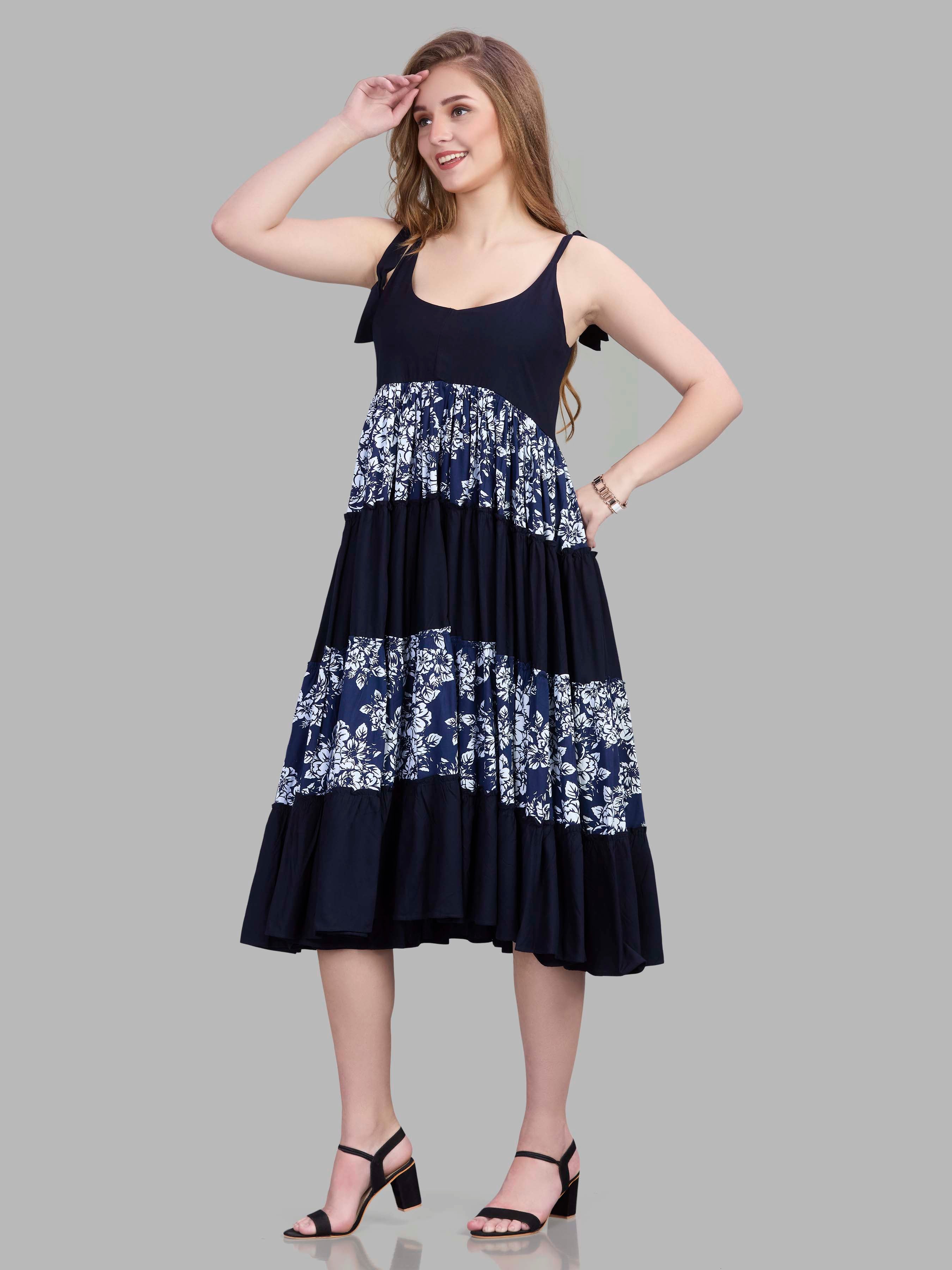 Viscose navy blue sleeveless tiered dress with floral print tiers