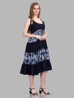 Viscose navy blue sleeveless tiered dress with floral print tiers