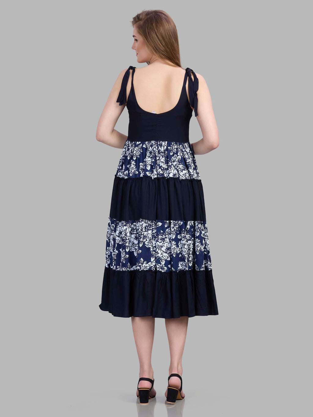 Viscose navy blue sleeveless tiered dress with floral print tiers