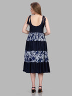 Viscose navy blue sleeveless tiered dress with floral print tiers