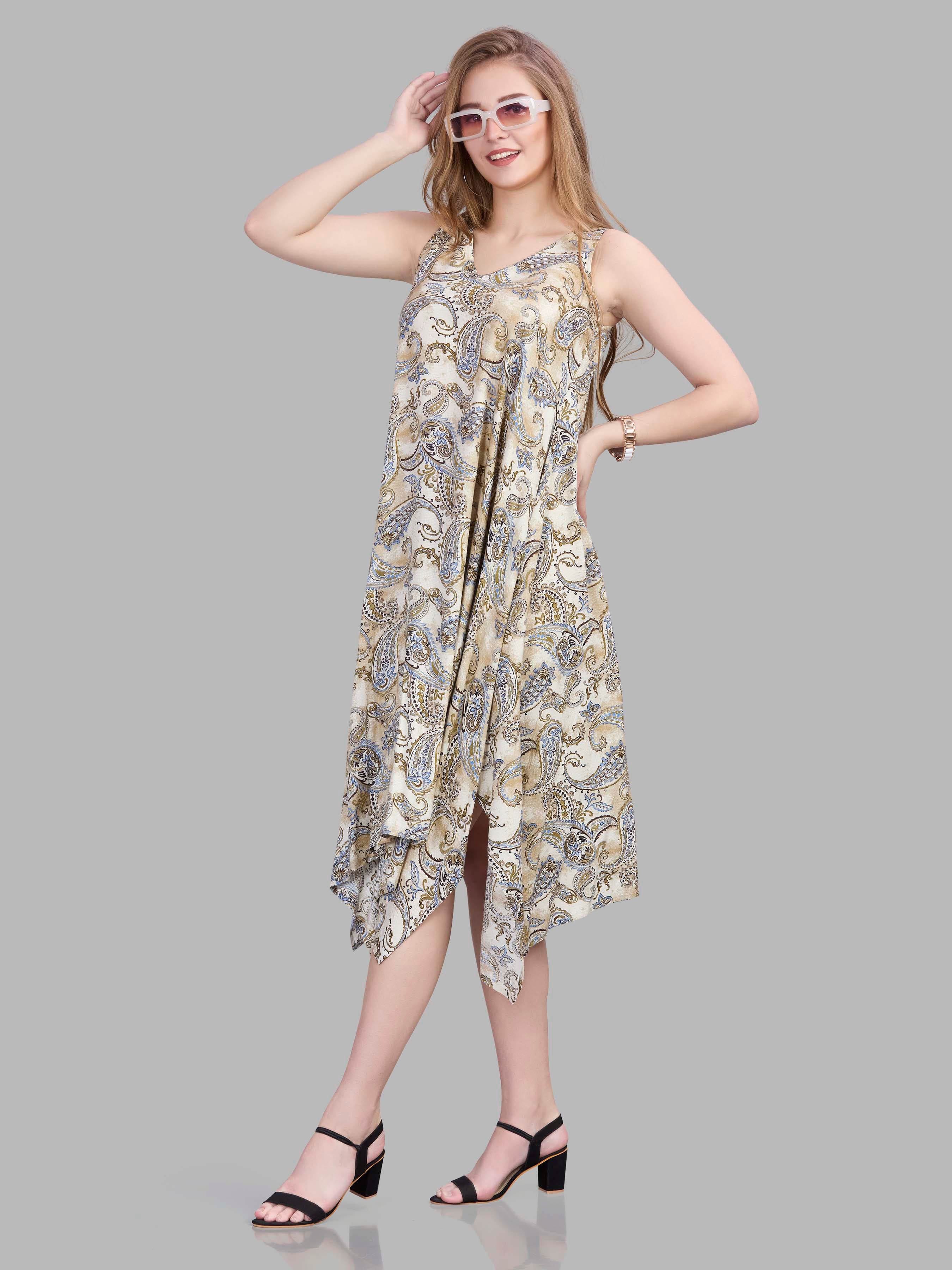 Paisley print viscose jacquard handkerchief cut sleeveless dress