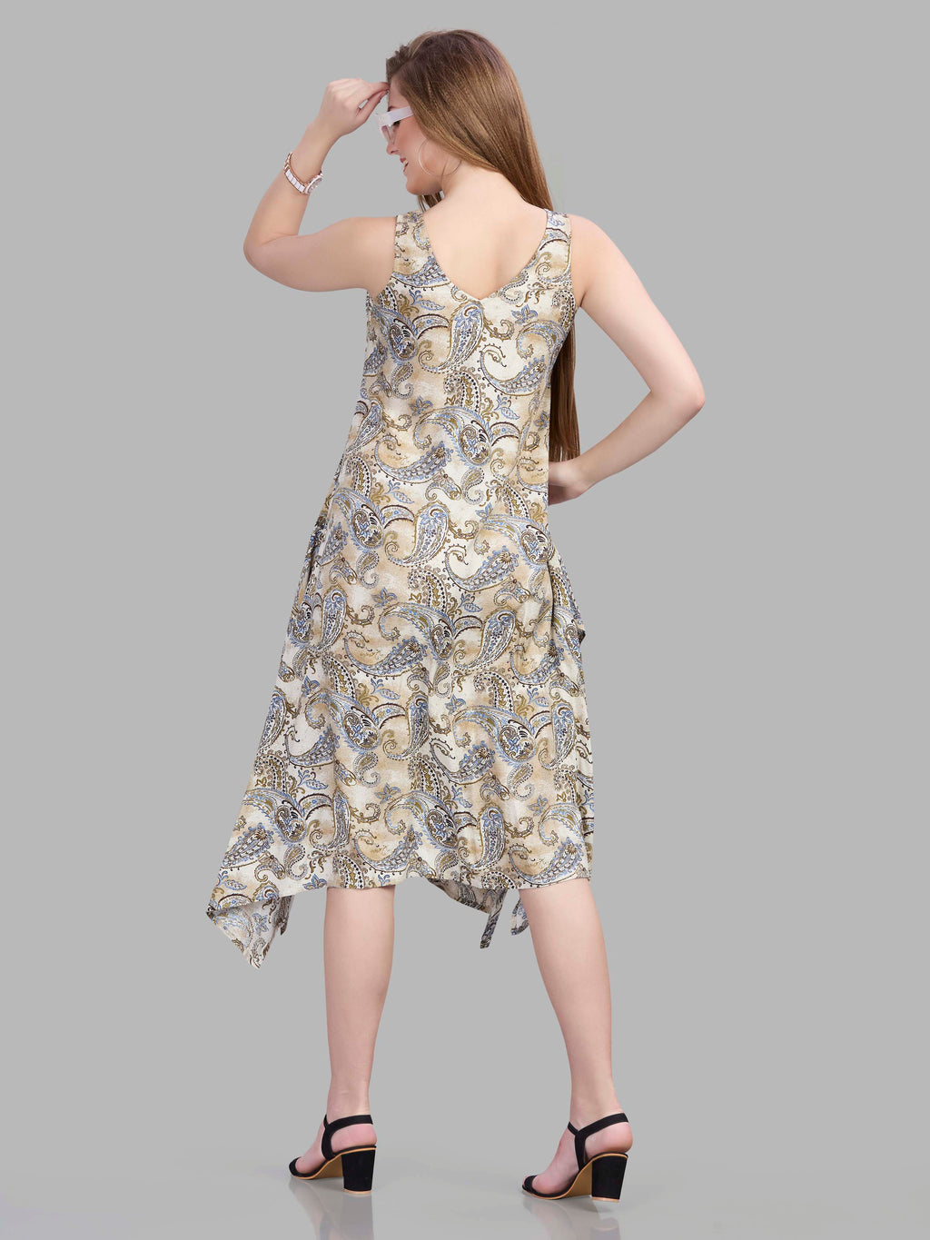 Paisley print viscose jacquard handkerchief cut sleeveless dress