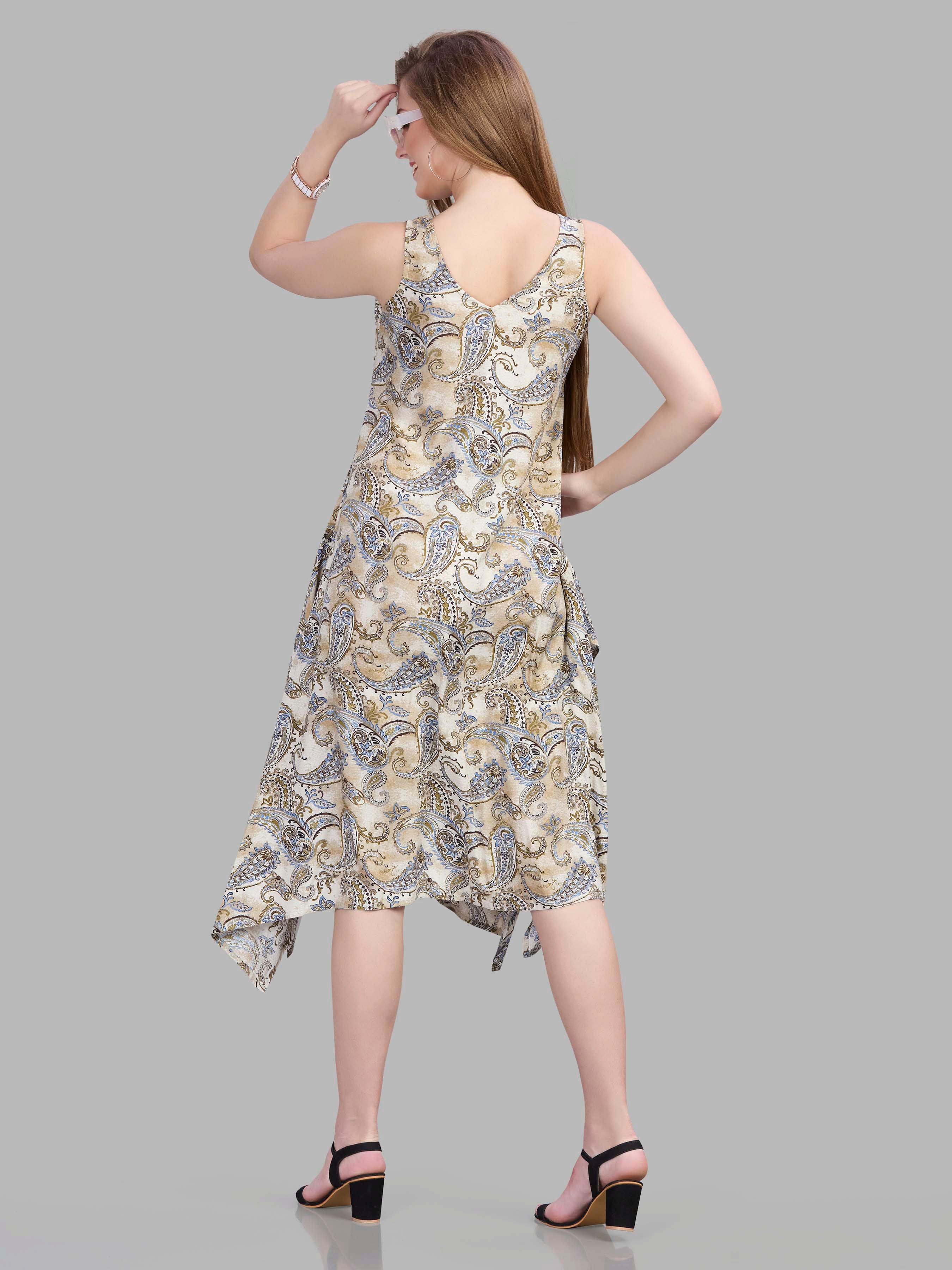 Paisley print viscose jacquard handkerchief cut sleeveless dress