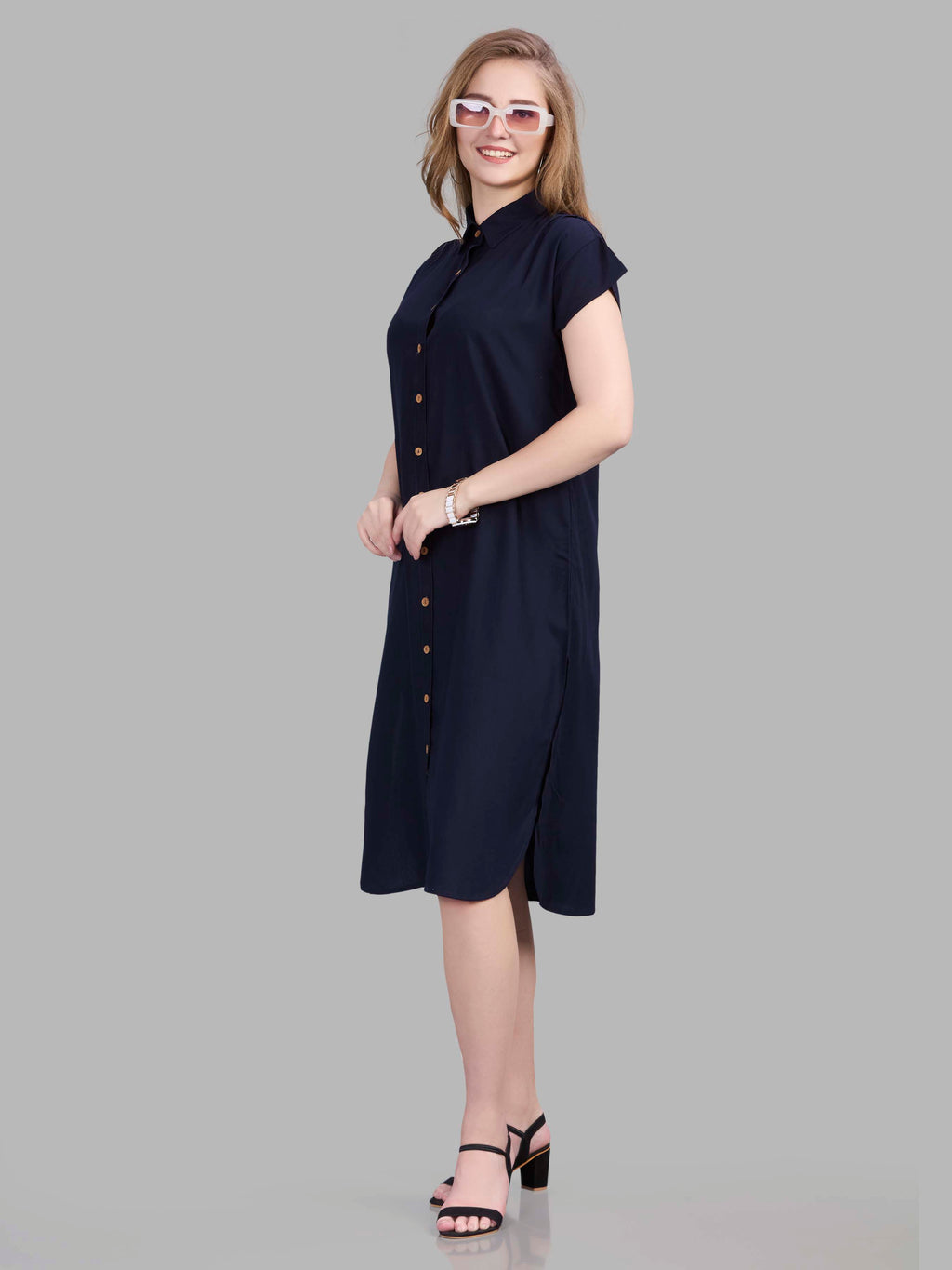 Navy blue viscose button up shirt dress
