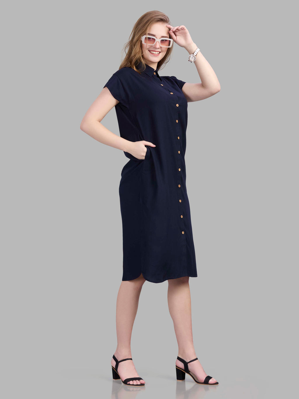 Navy blue viscose button up shirt dress