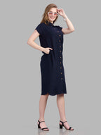 Navy blue viscose button up shirt dress