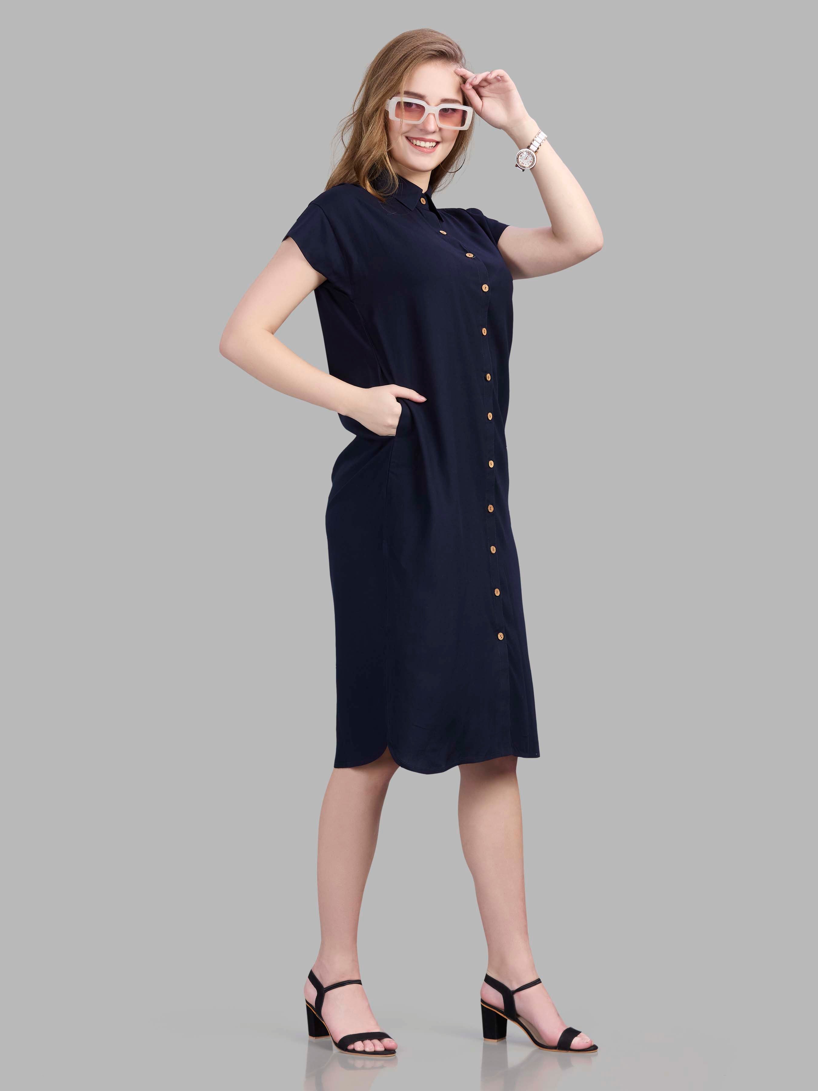 Navy blue viscose button up shirt dress