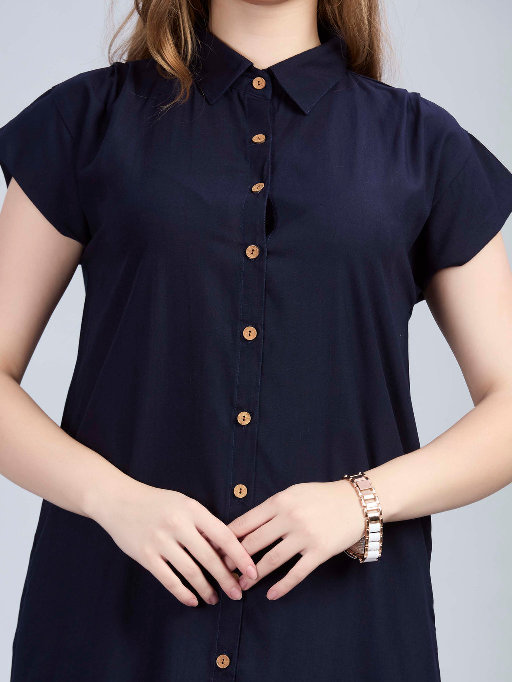 Navy blue viscose button up shirt dress