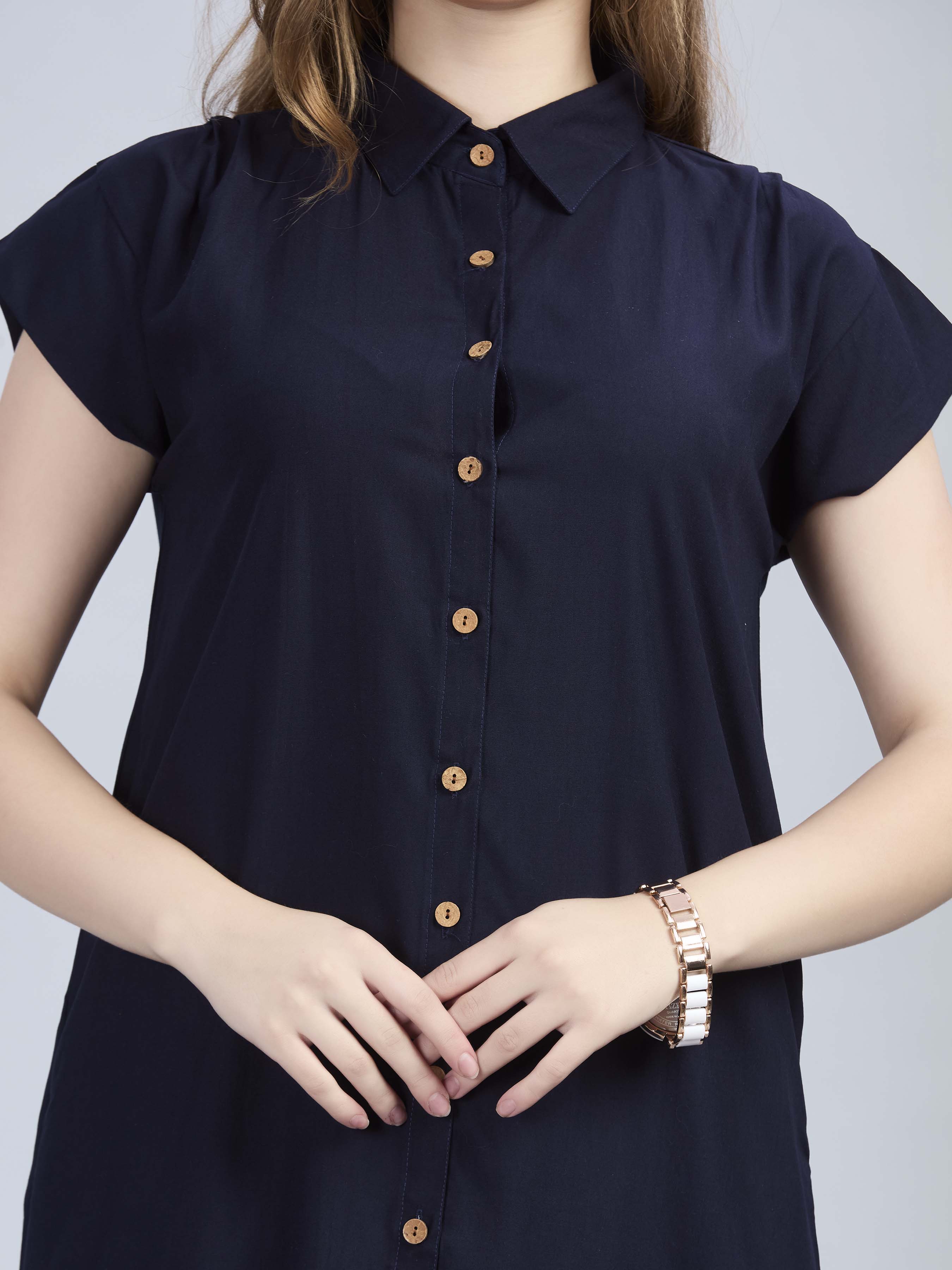 Navy blue viscose button up shirt dress