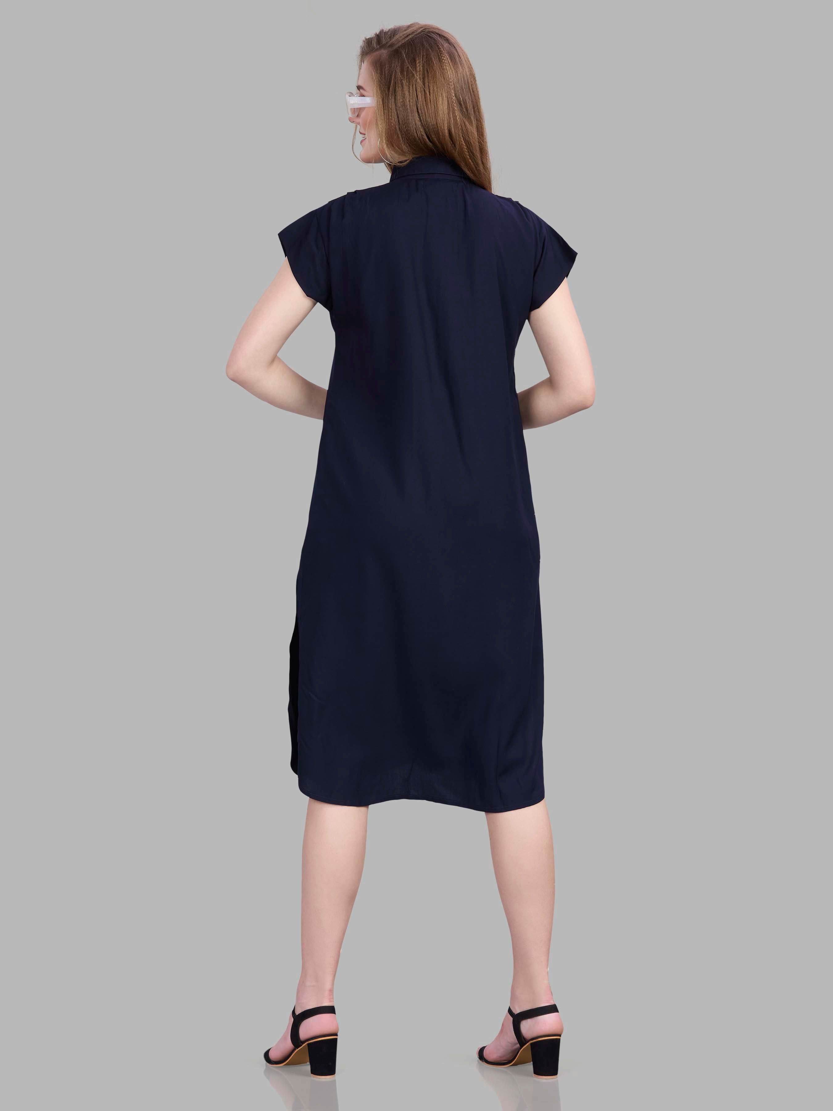 Navy blue viscose button up shirt dress