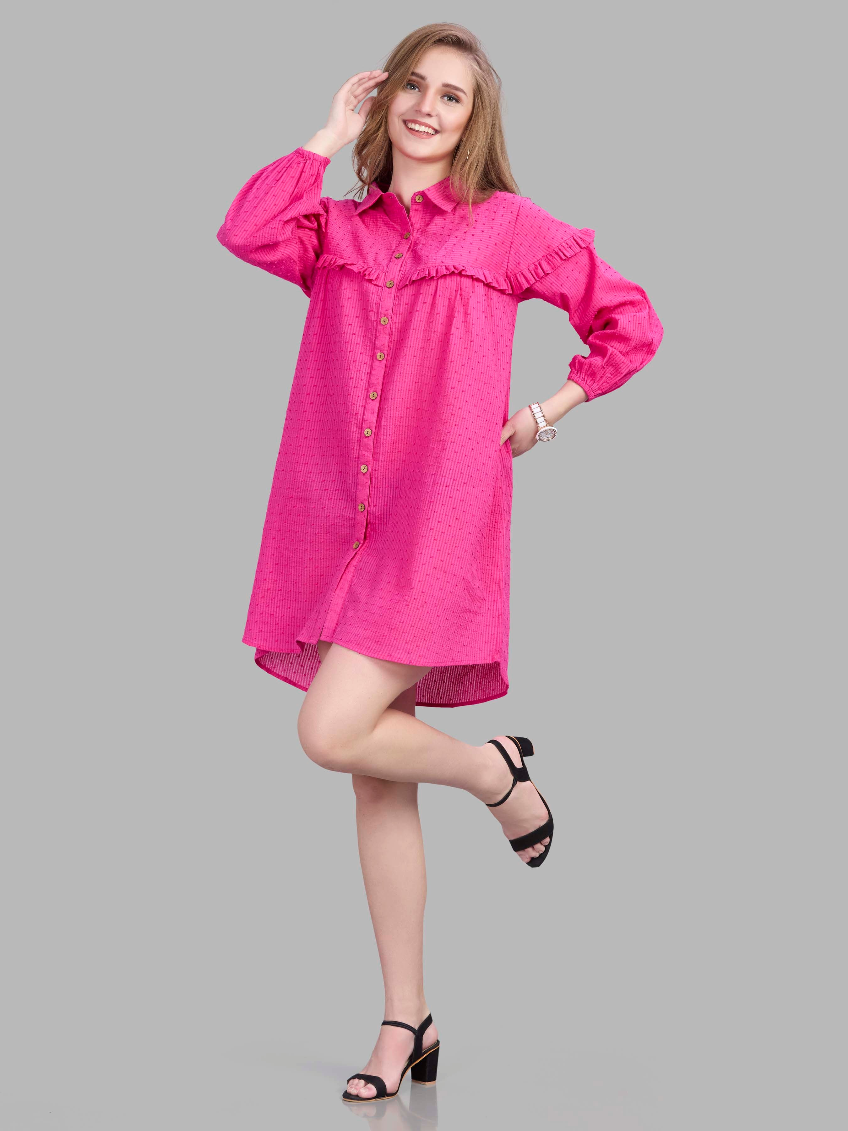 Cotton jacquard bright pink shirt dress with ruffle detailing