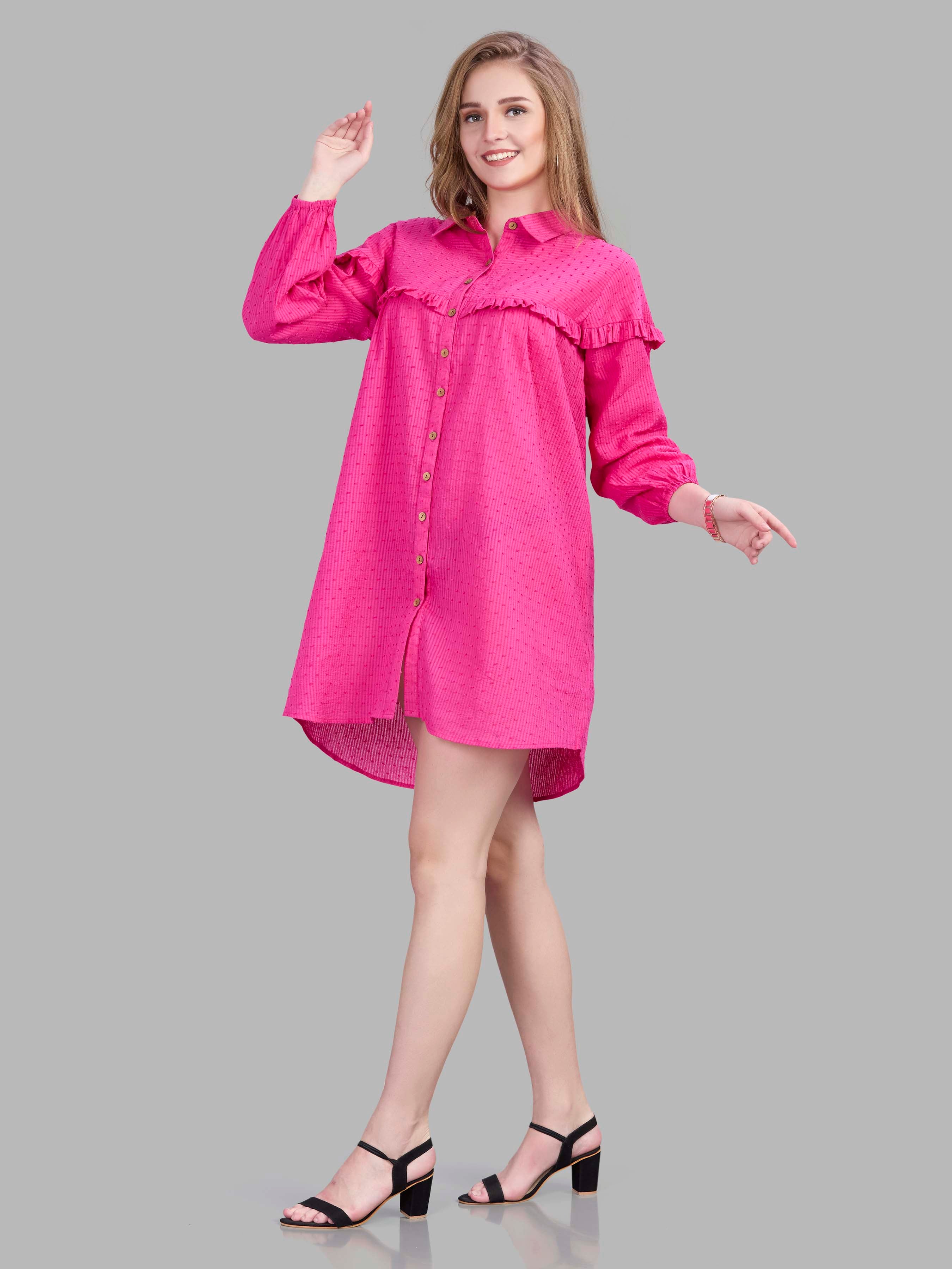 Cotton jacquard bright pink shirt dress with ruffle detailing