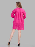 Cotton jacquard bright pink shirt dress with ruffle detailing