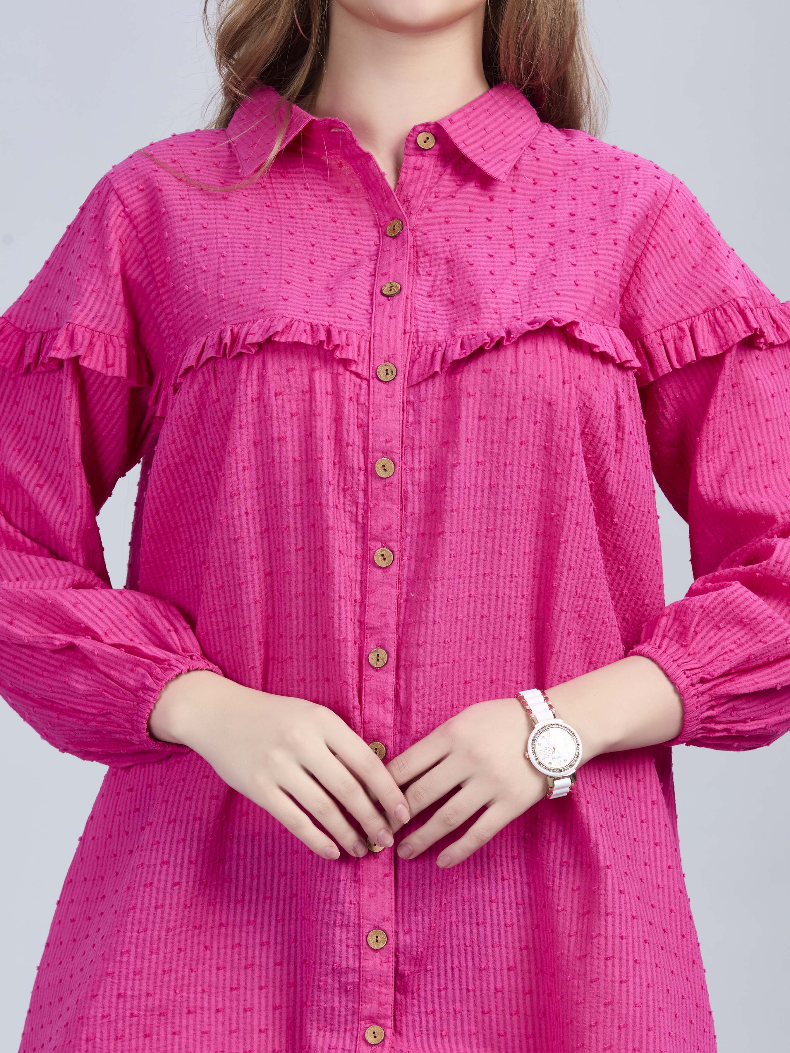Cotton jacquard bright pink shirt dress with ruffle detailing