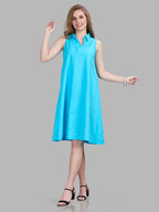 Linen cotton sleeveless formal dress with collar and front pleat detailing