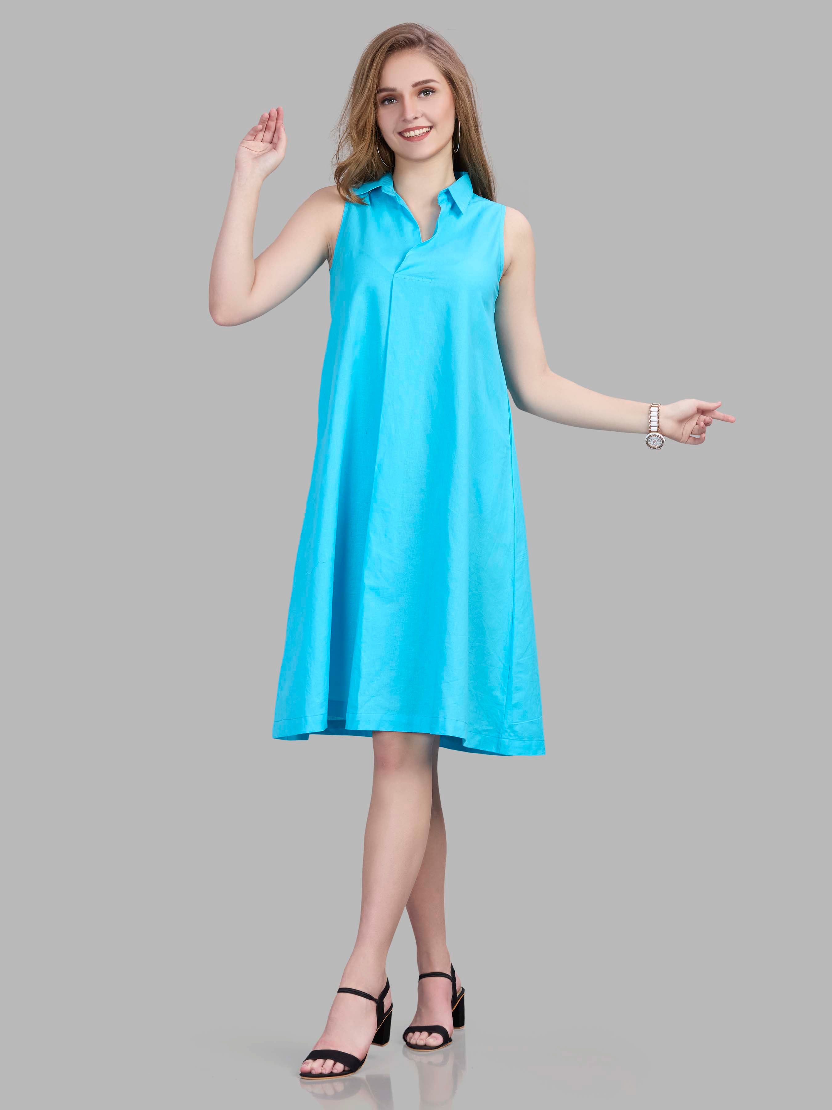 Linen cotton sleeveless formal dress with collar and front pleat detailing