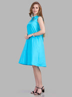 Linen cotton sleeveless formal dress with collar and front pleat detailing