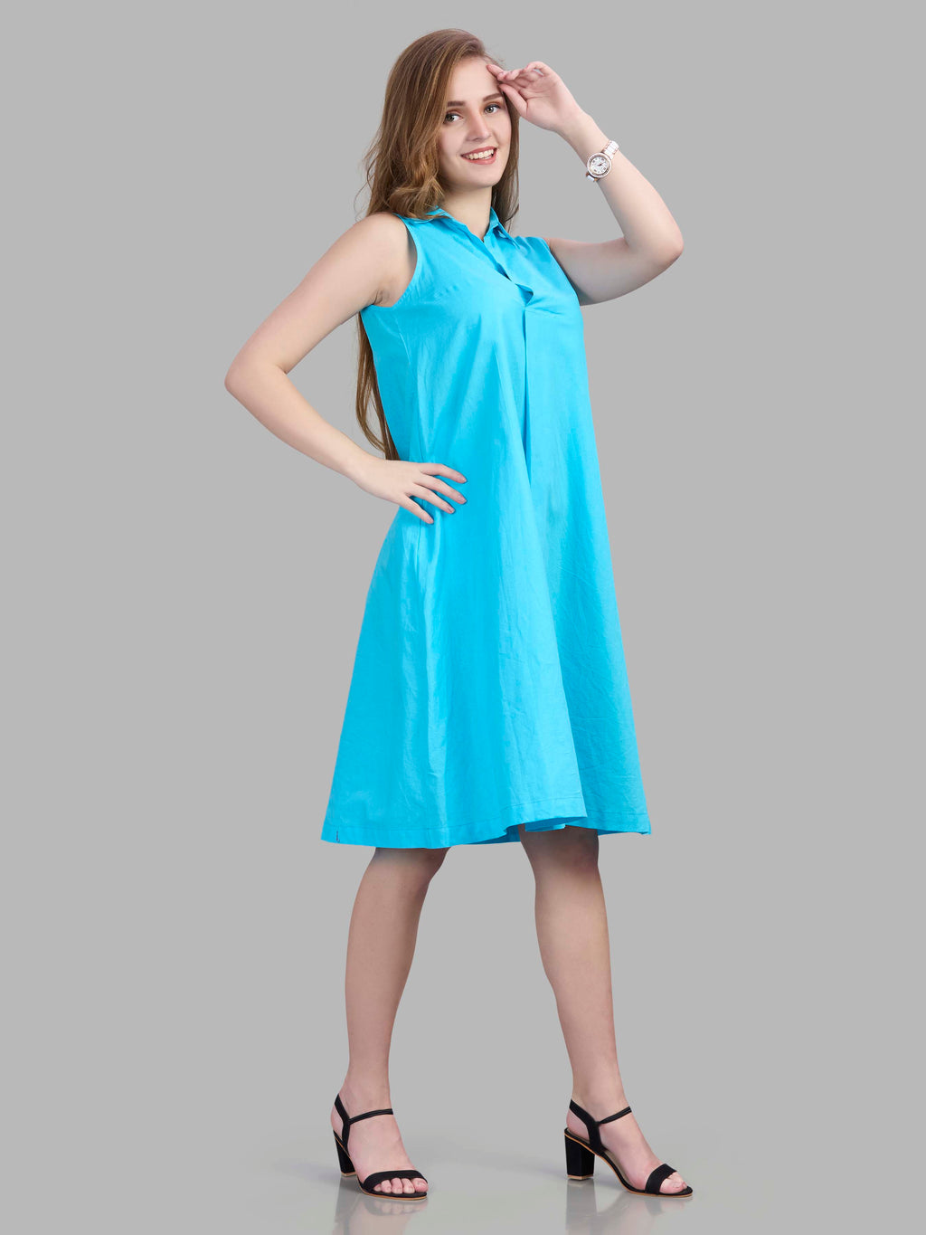 Linen cotton sleeveless formal dress with collar and front pleat detailing