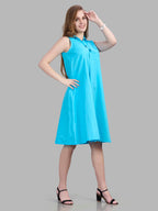 Linen cotton sleeveless formal dress with collar and front pleat detailing