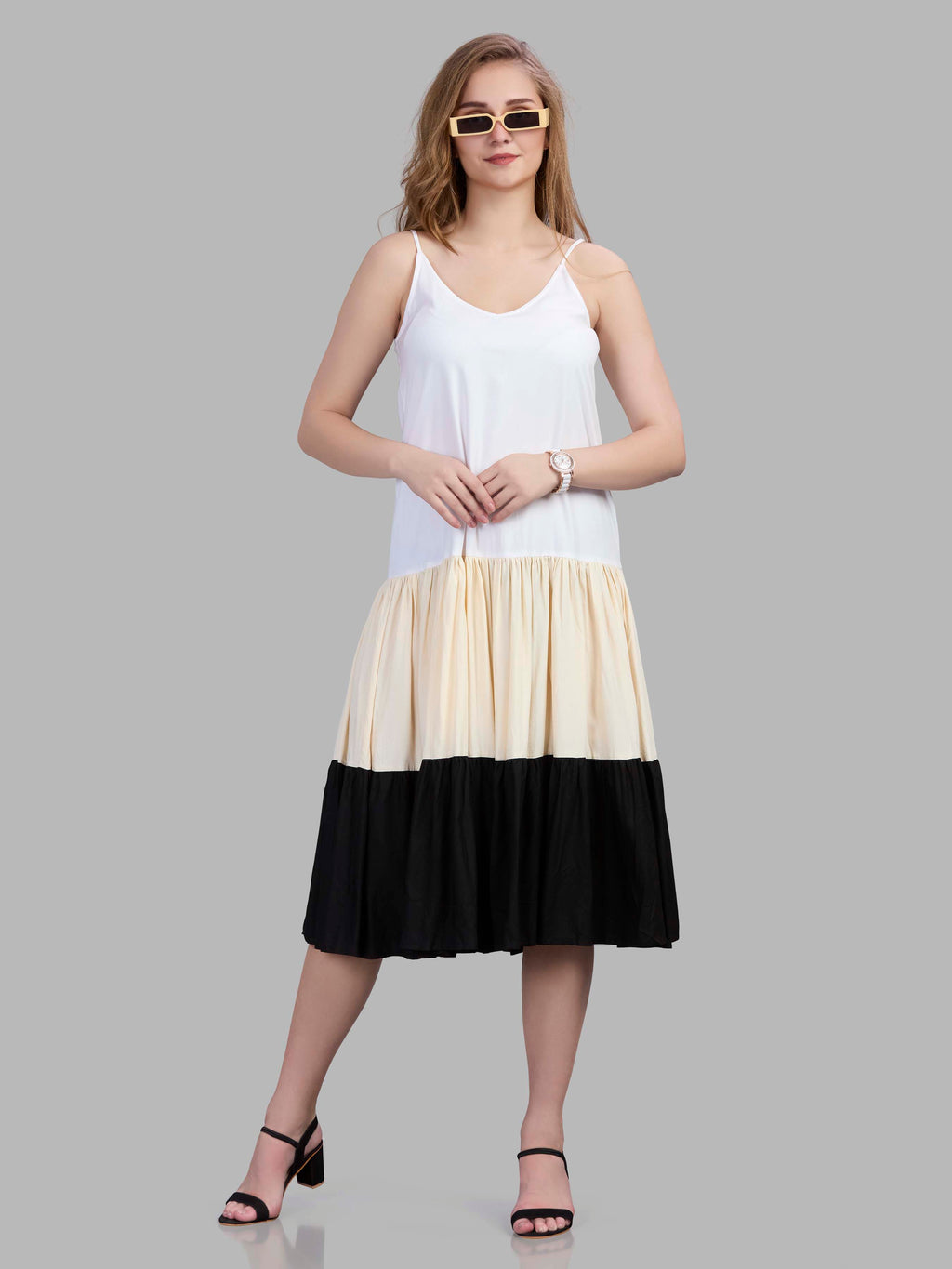 Viscose noodle strapped tiered dress