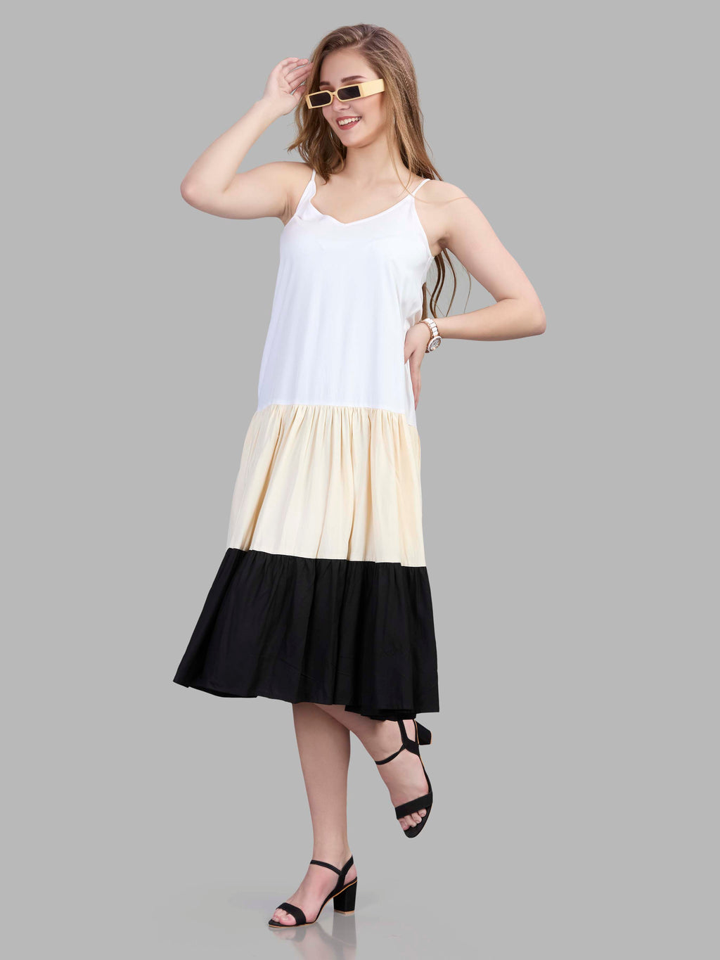Viscose noodle strapped tiered dress