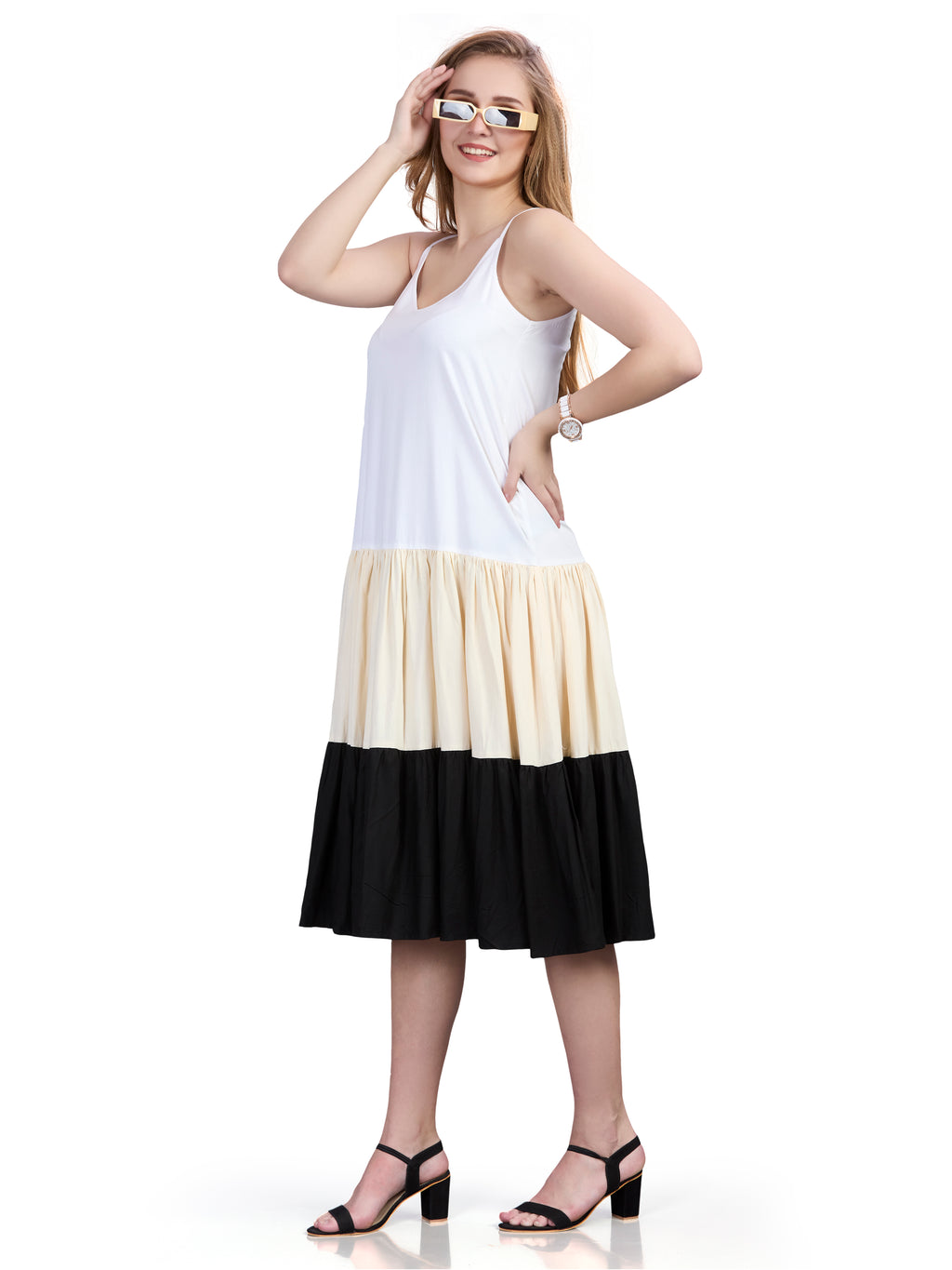 Viscose noodle strapped tiered dress