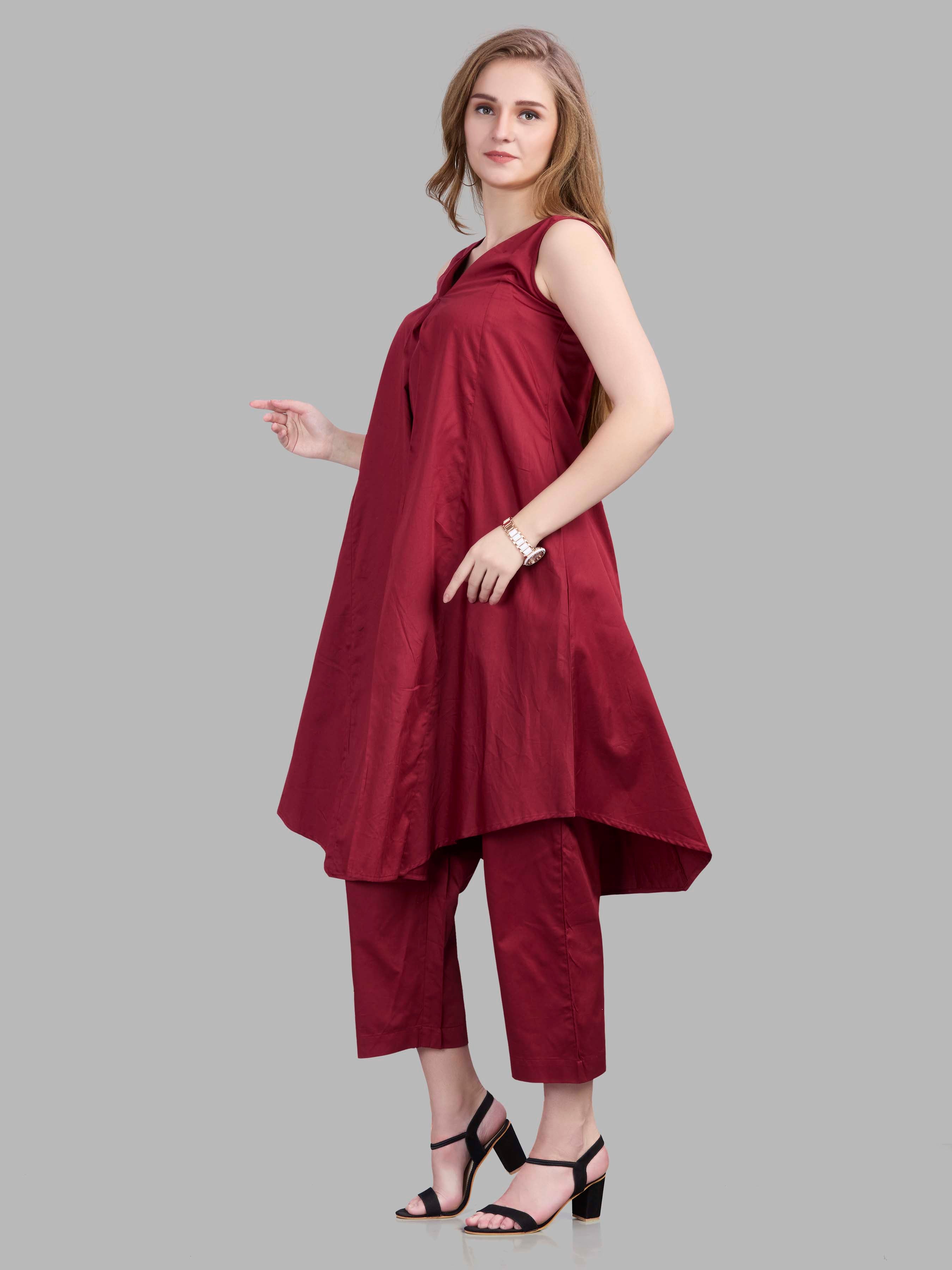 Cotton satin front pleated kurta and pants
