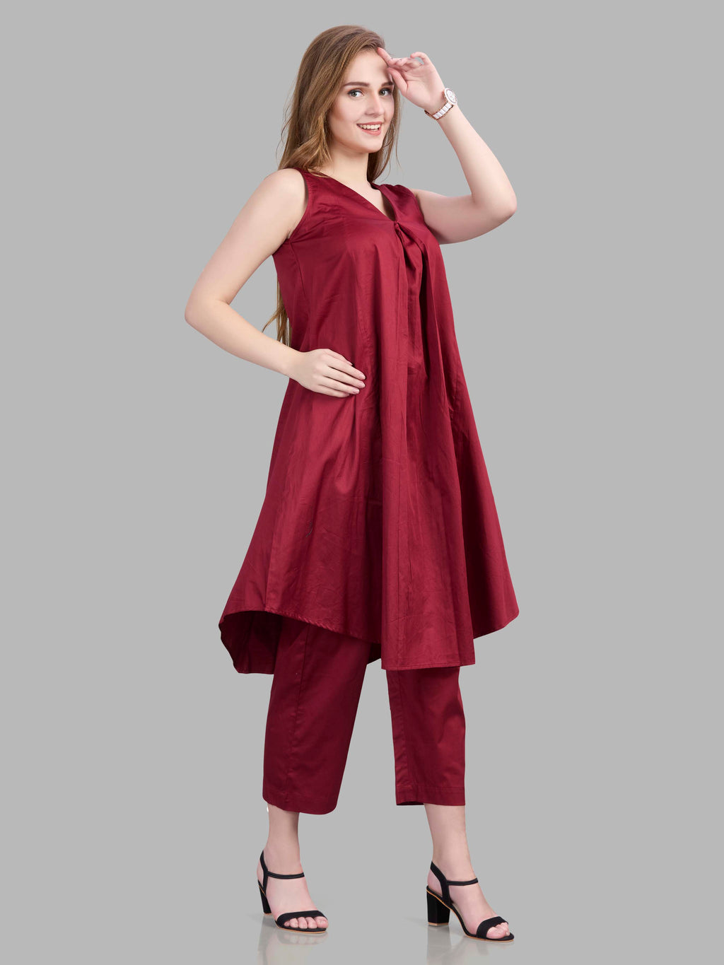 Cotton satin front pleated kurta and pants