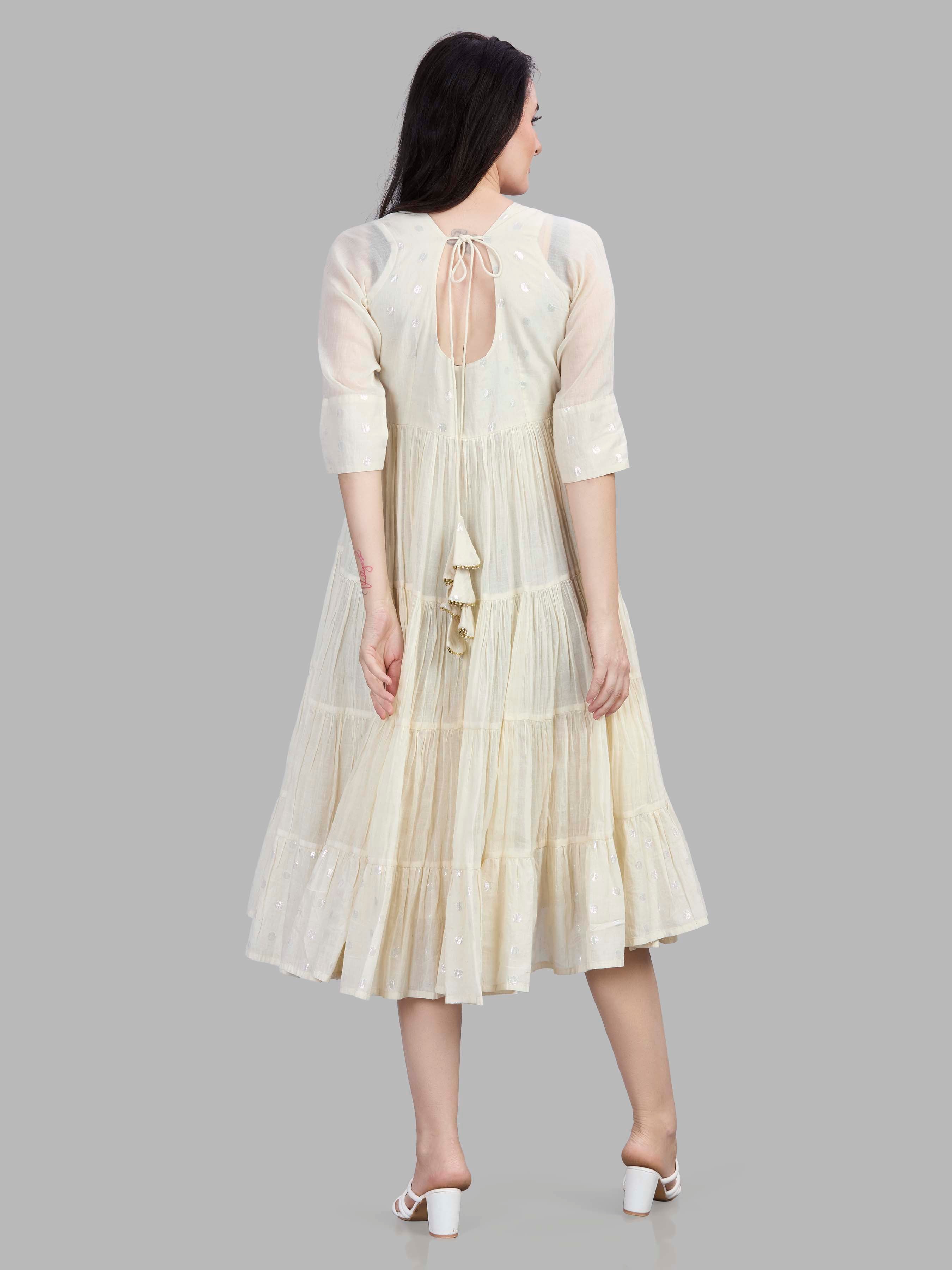 Mul cotton kurta dress with silver mixer fabric detailing on yoke