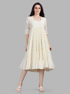 Mul cotton kurta dress with silver mixer fabric detailing on yoke