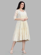 Mul cotton kurta dress with silver mixer fabric detailing on yoke