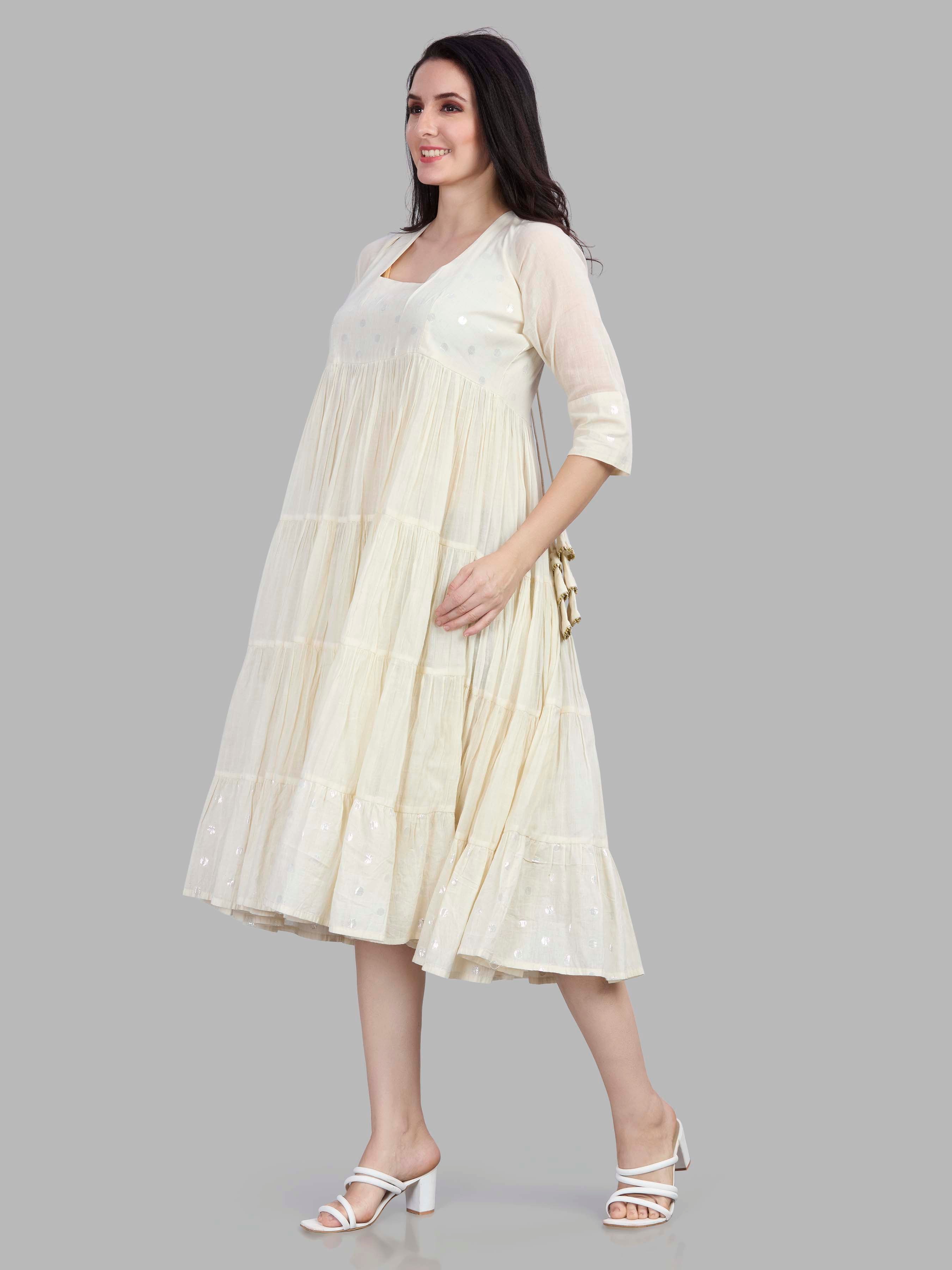 Mul cotton kurta dress with silver mixer fabric detailing on yoke