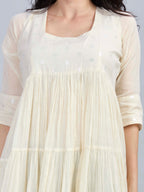 Mul cotton kurta dress with silver mixer fabric detailing on yoke