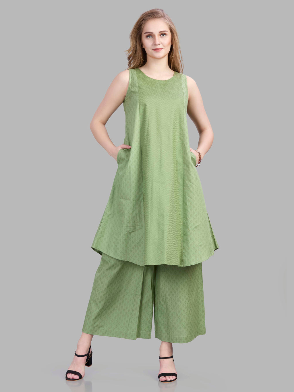 Cotton jacquard panelled kurta pants set