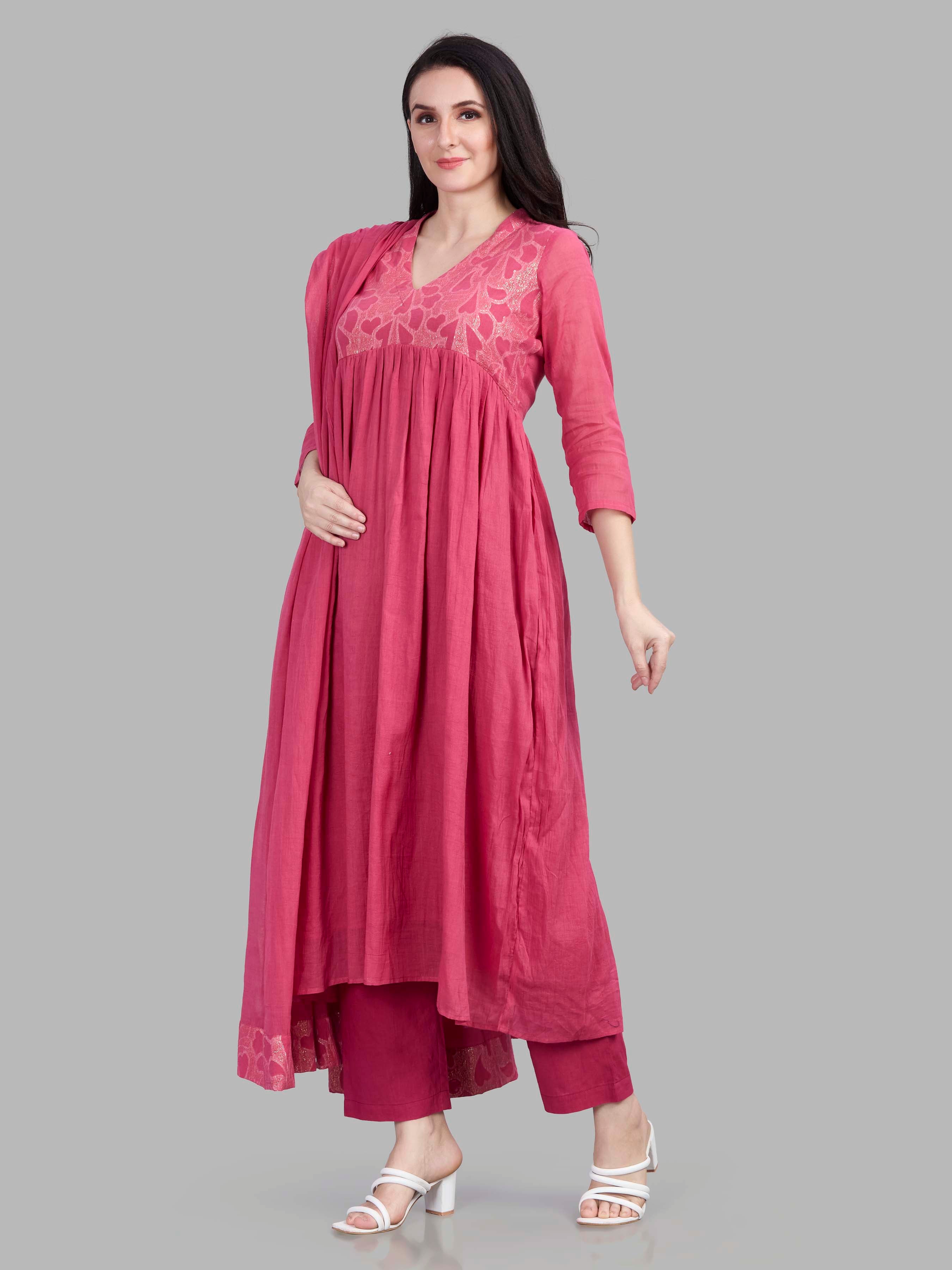 Mul cotton angrakha style kurta pants and dupatta set