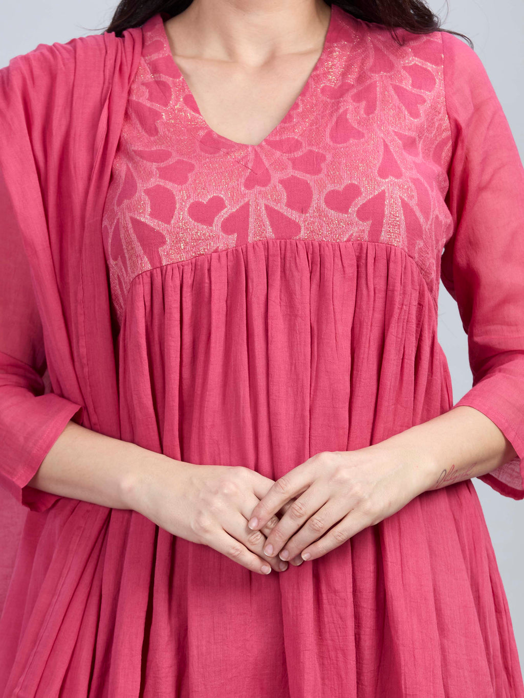 Mul cotton angrakha style kurta pants and dupatta set