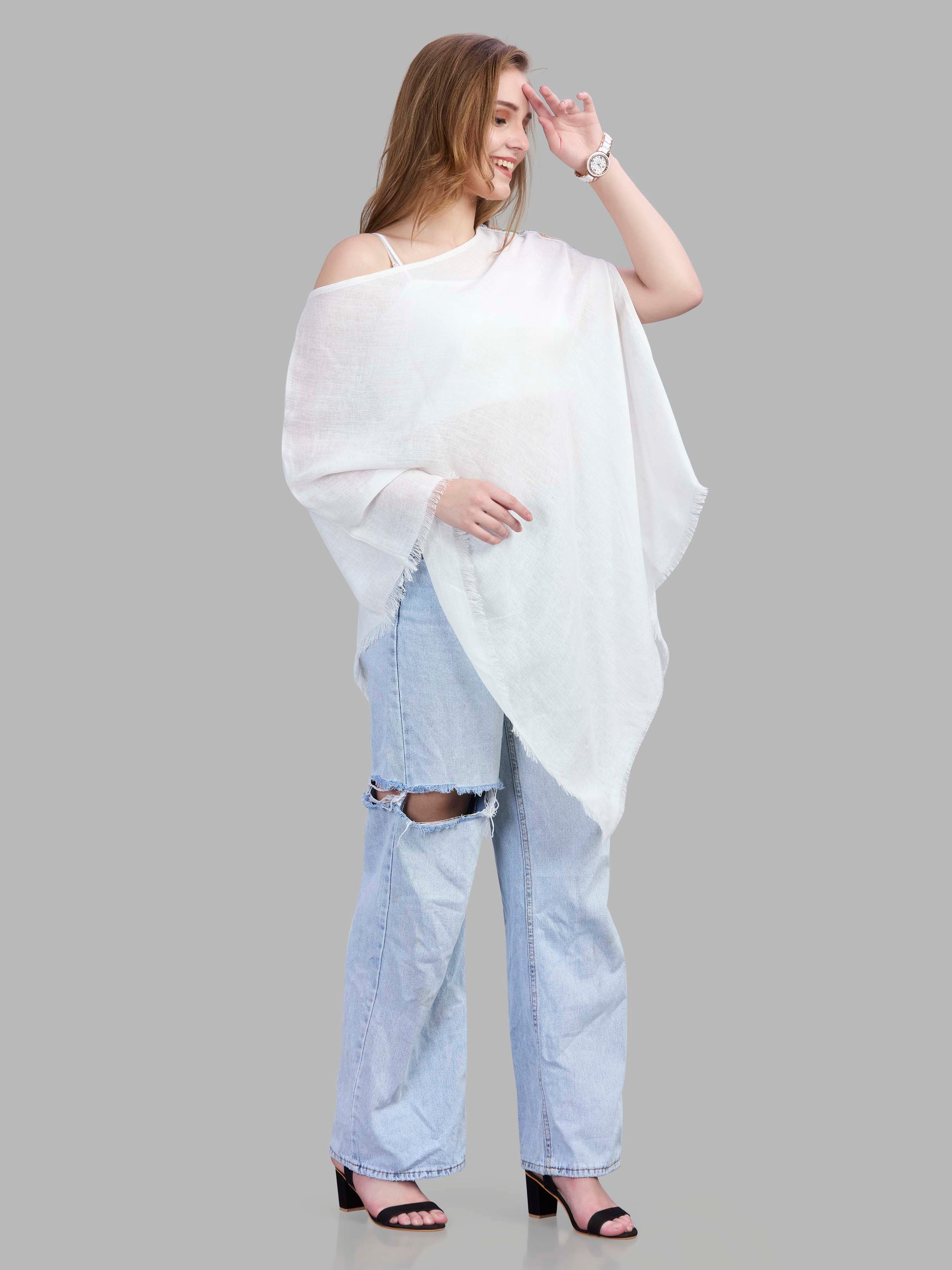 Linen jute poncho with hand embroidery on the side shoulder