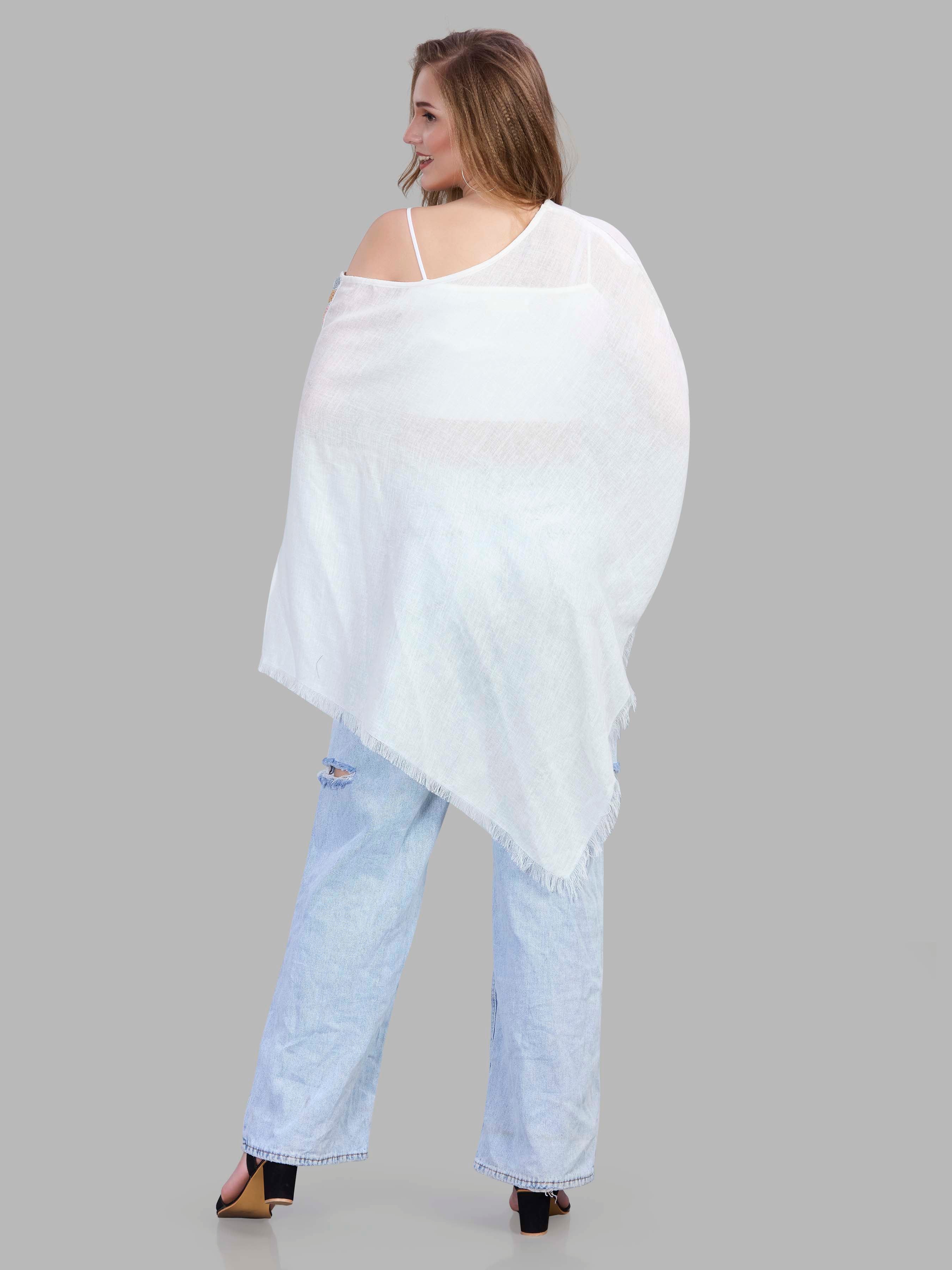 Linen jute poncho with hand embroidery on the side shoulder
