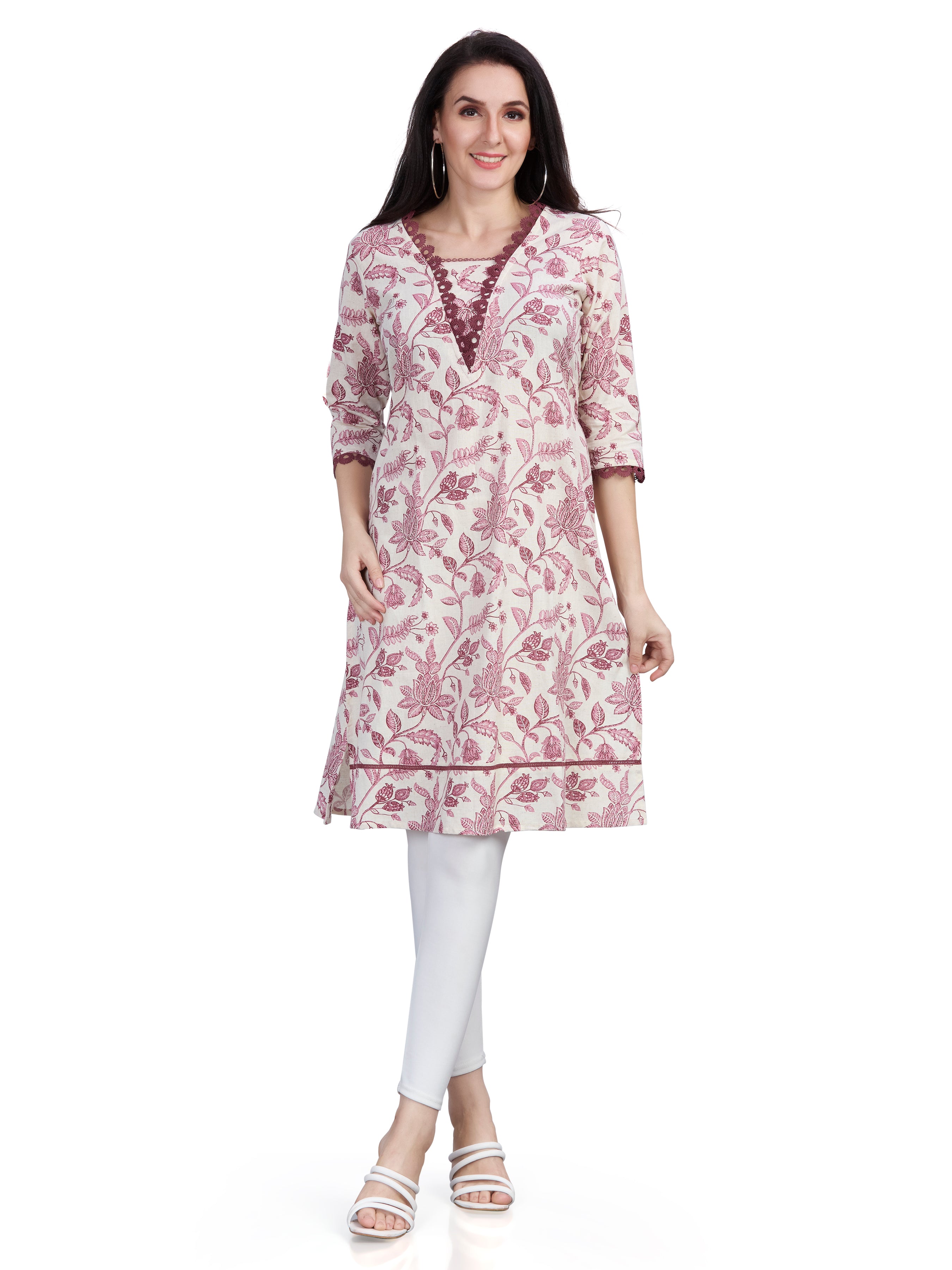 Cotton printed kurta with lace detailing