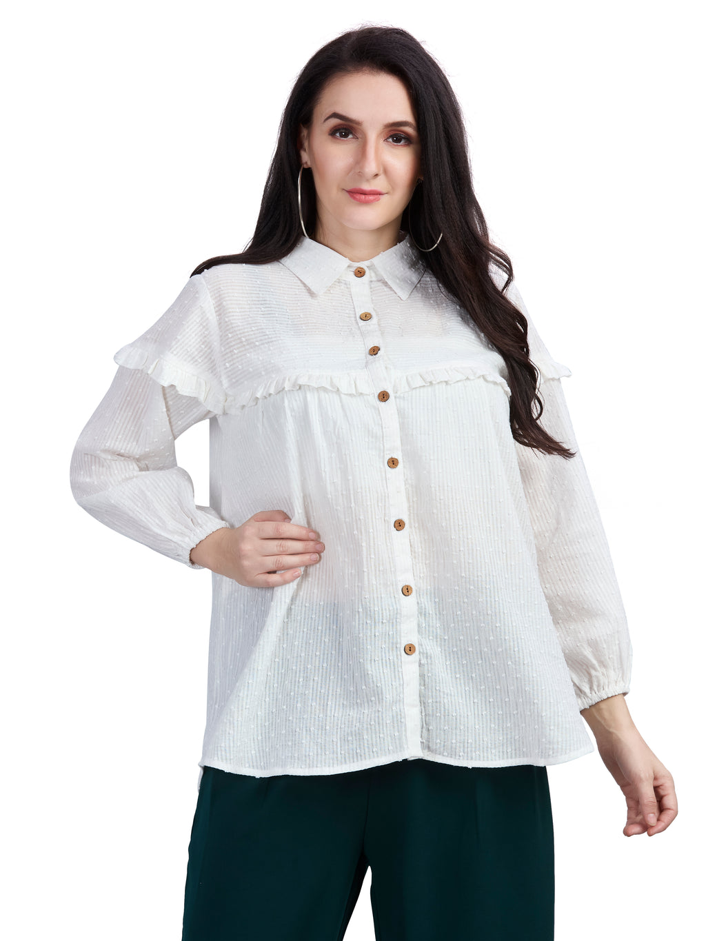 Cotton jacquard balloon for shirt with ruffle detailing