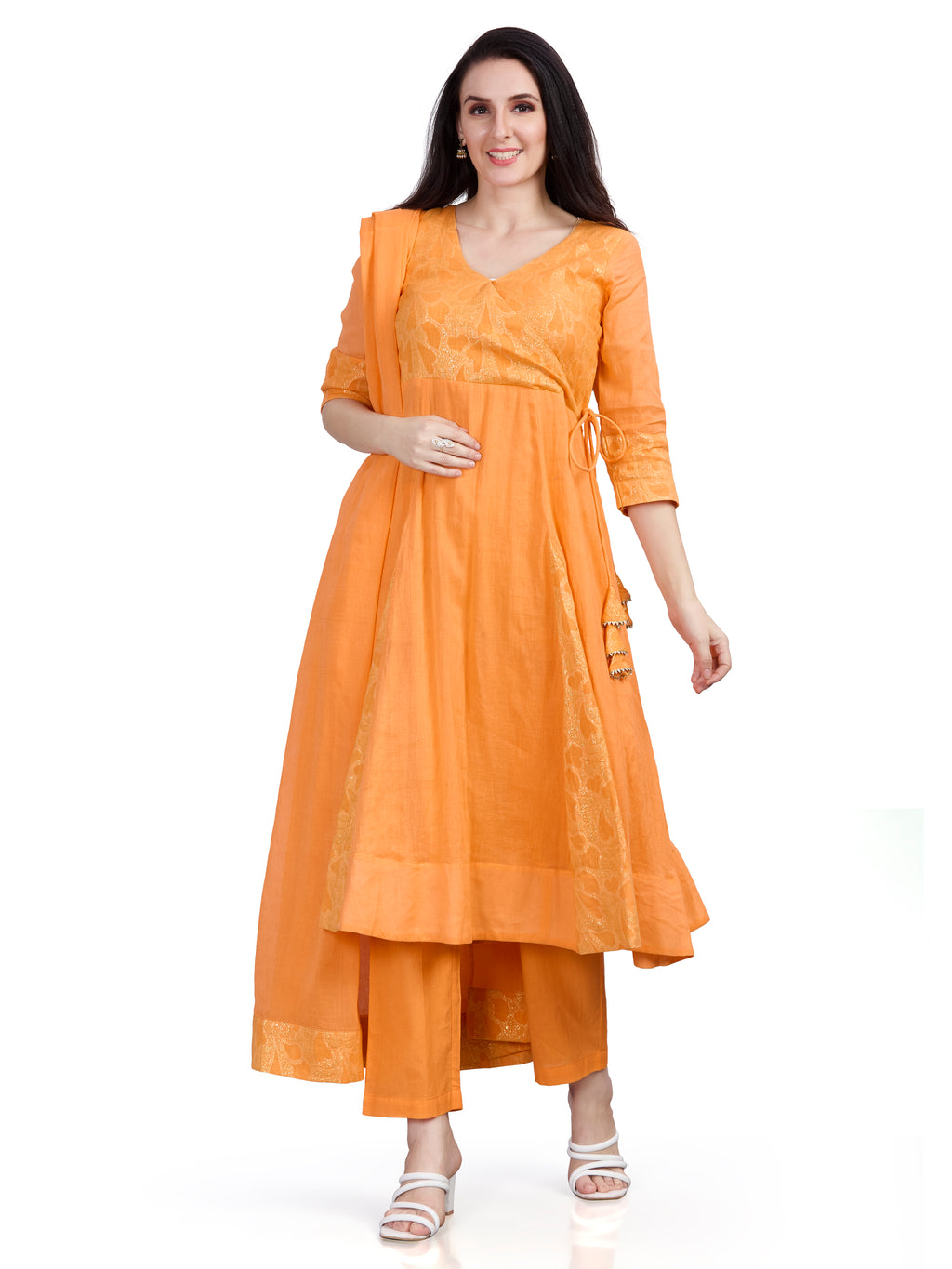 Mul cotton angrakha style kurta pants and dupatta set