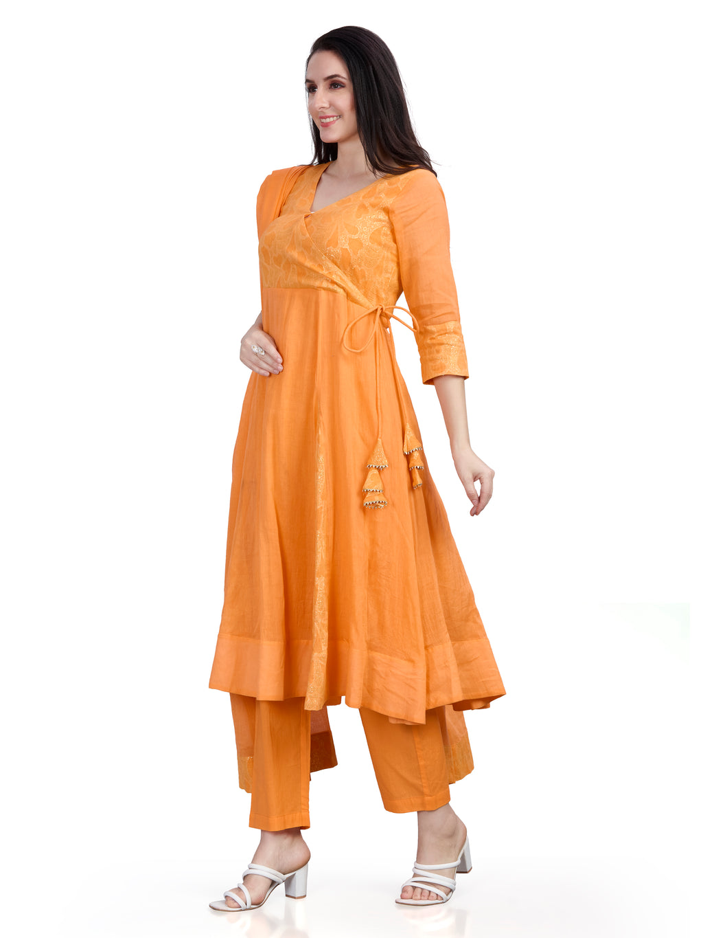 Mul cotton angrakha style kurta pants and dupatta set