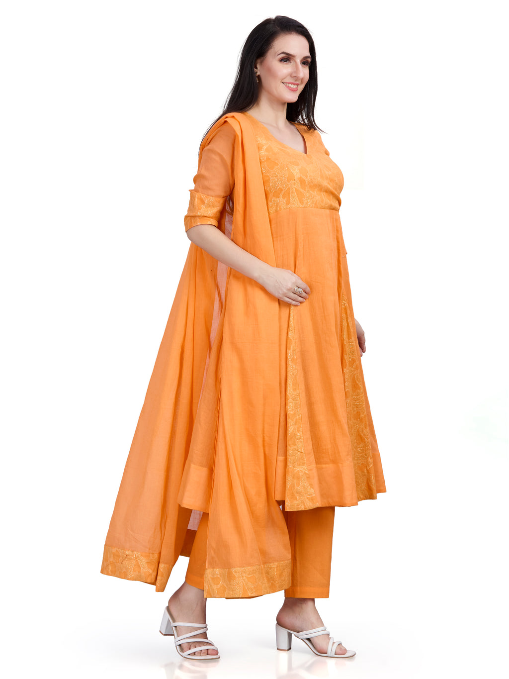 Mul cotton angrakha style kurta pants and dupatta set