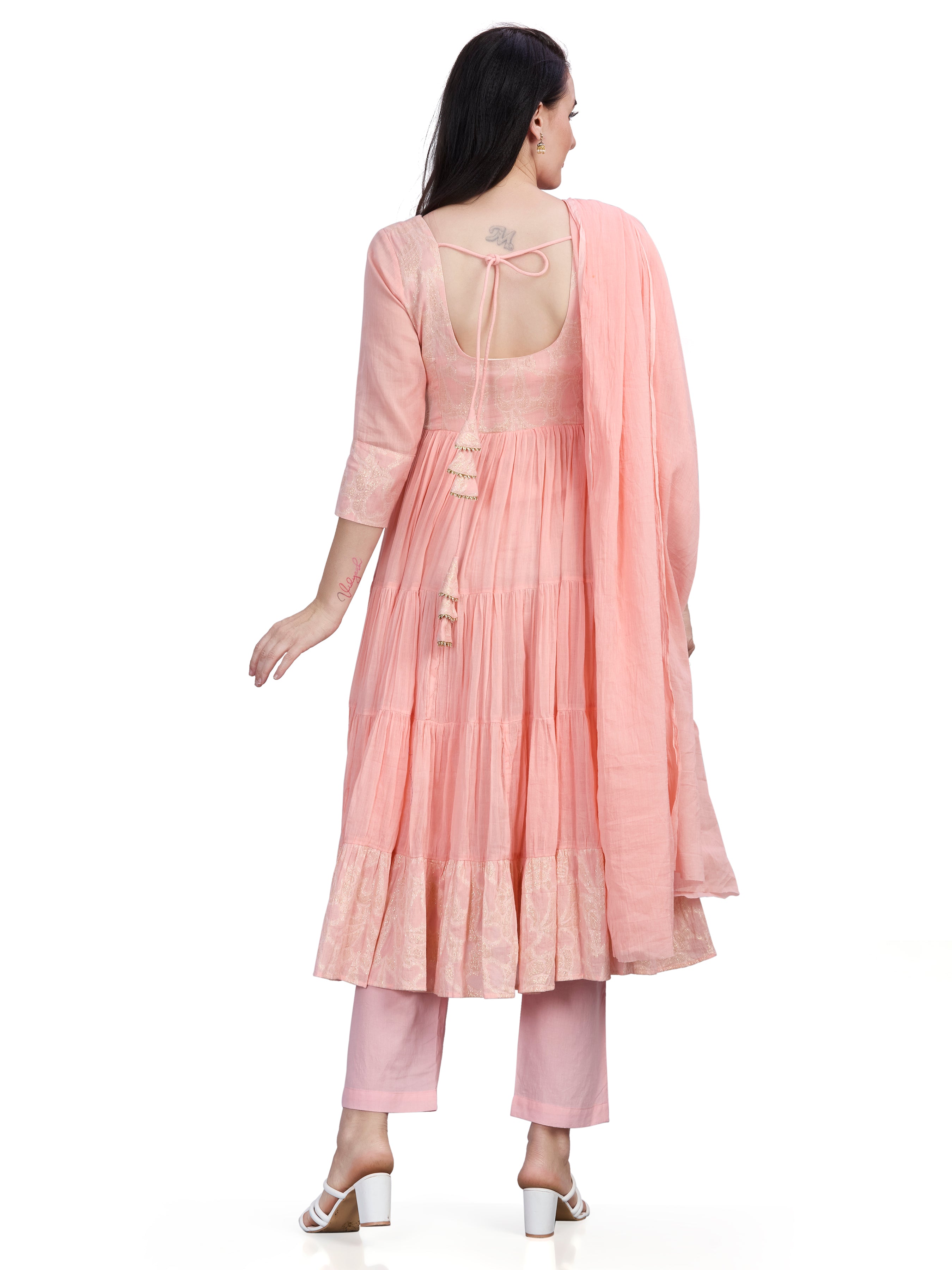 Mul cotton tiered flair kurta pants and dupatta set