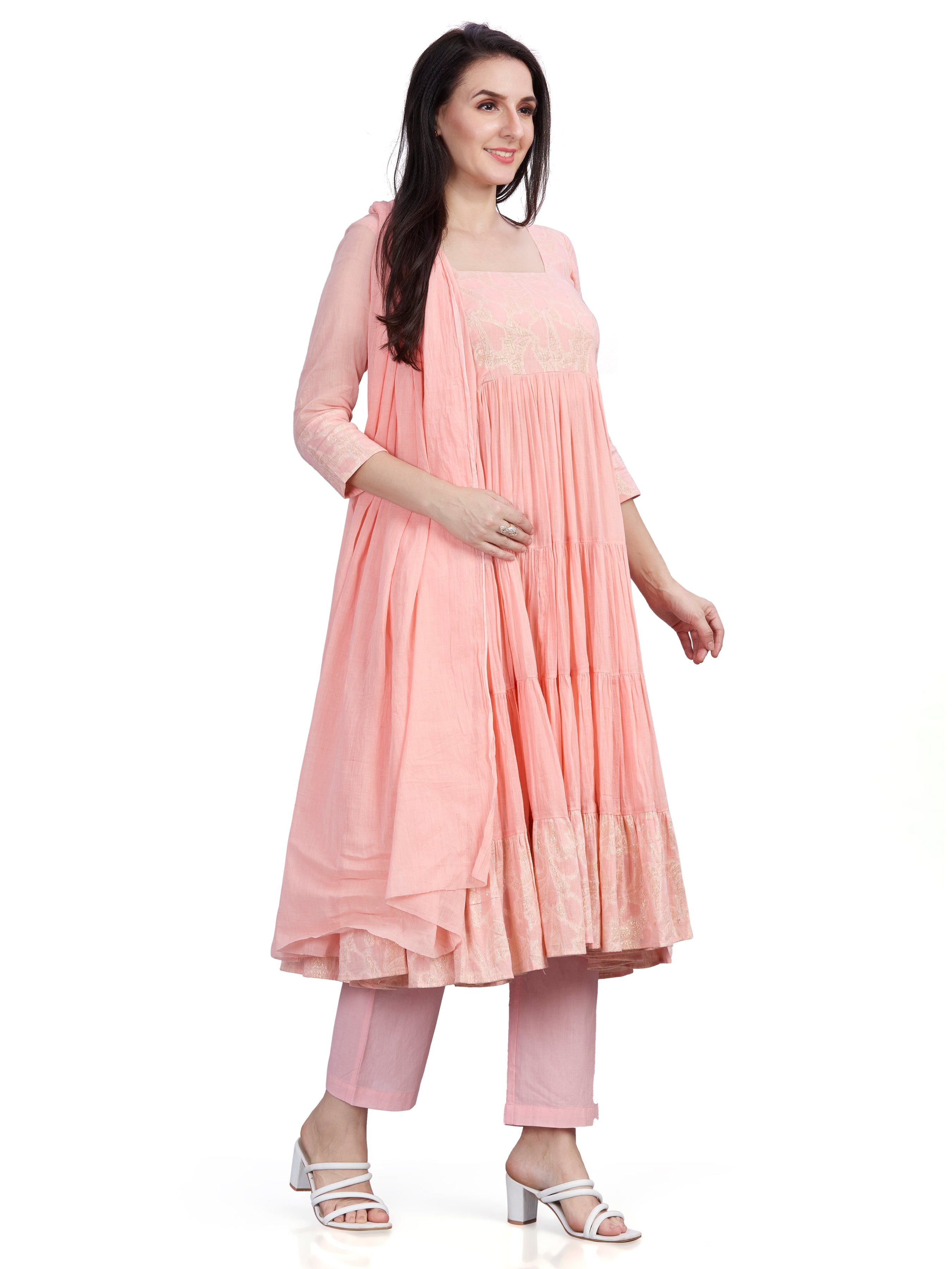 Mul cotton tiered flair kurta pants and dupatta set