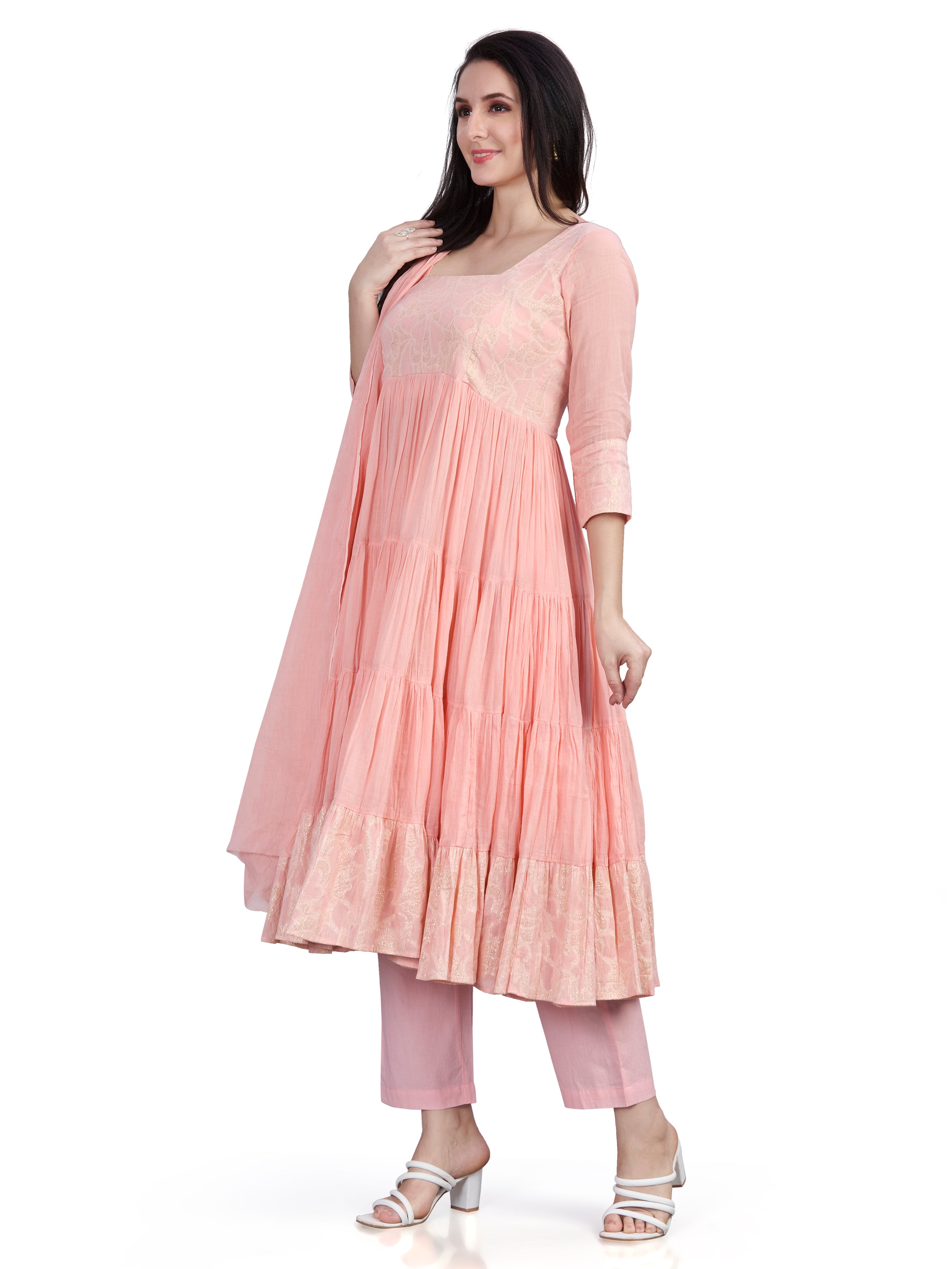 Mul cotton tiered flair kurta pants and dupatta set