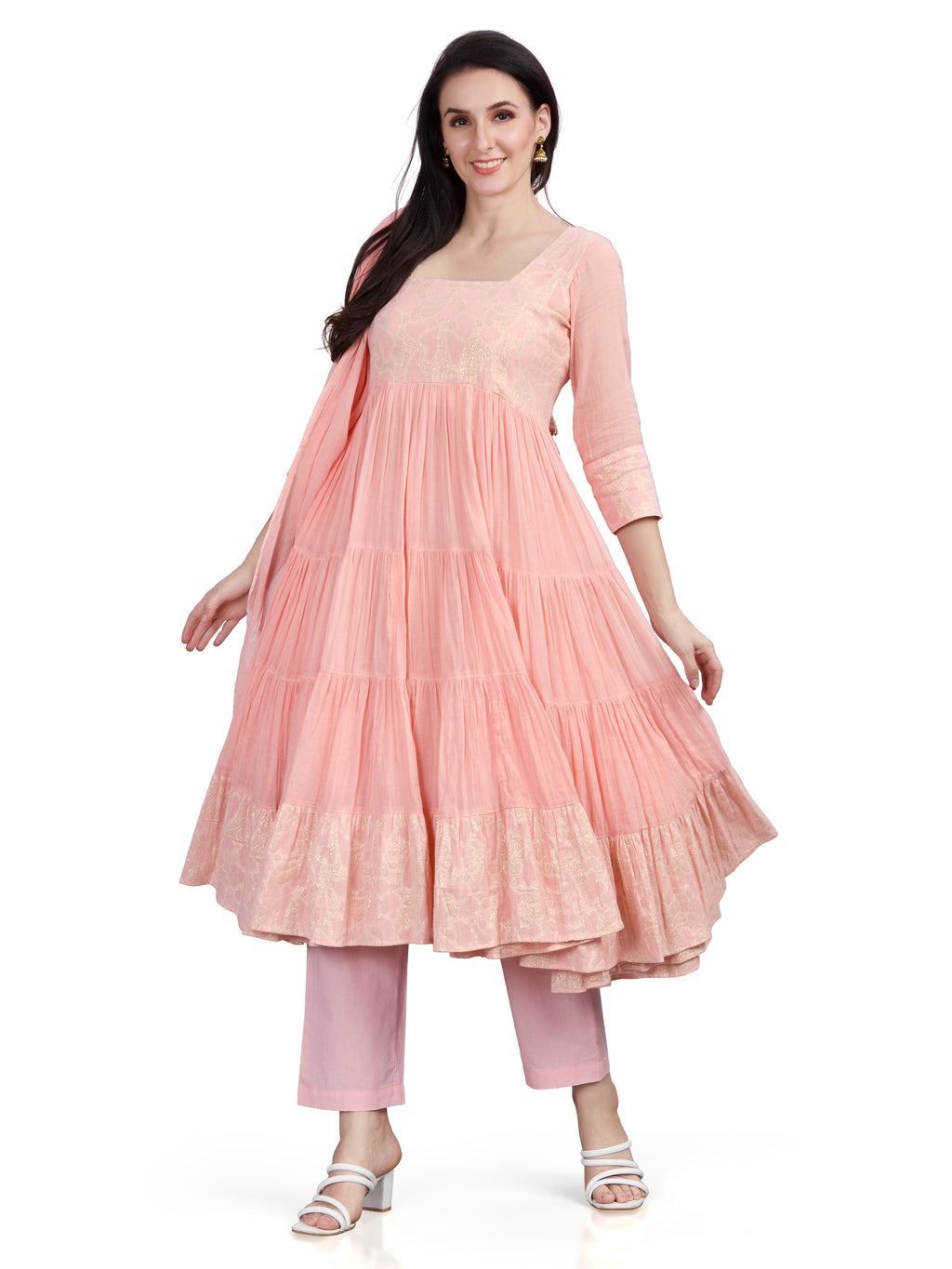 Mul cotton tiered flair kurta pants and dupatta set