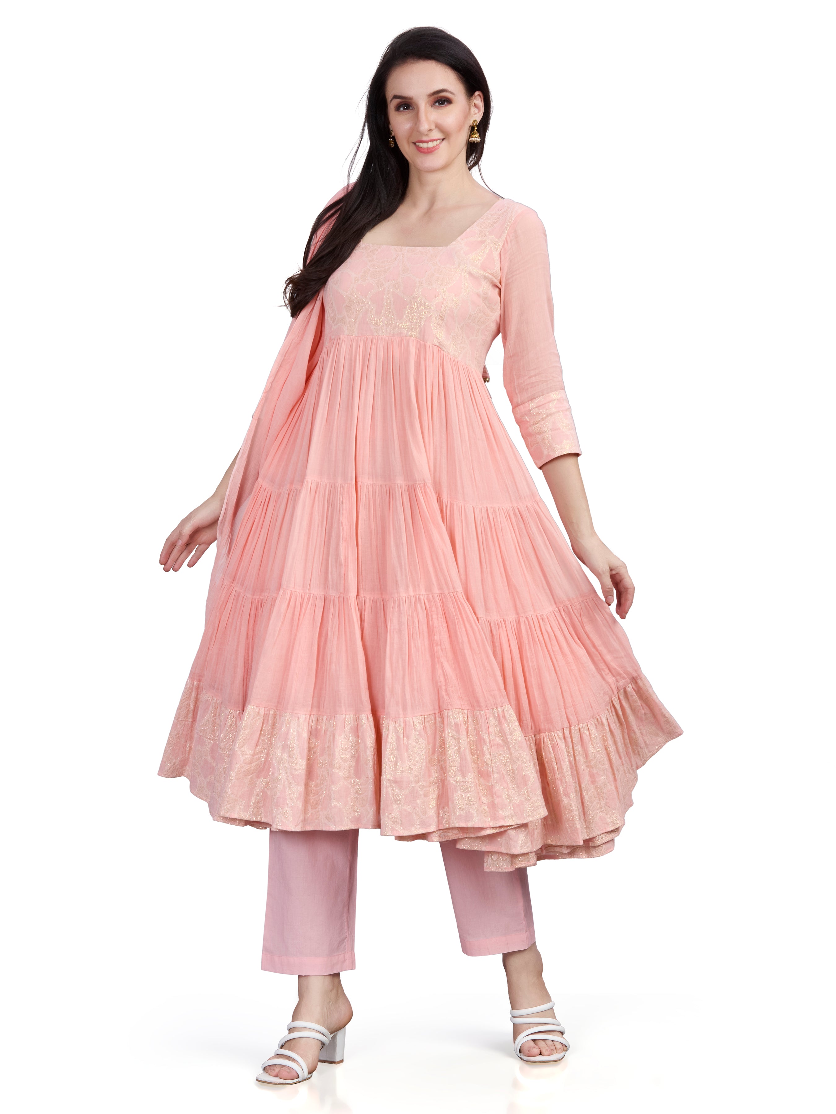 Mul cotton tiered flair kurta pants and dupatta set